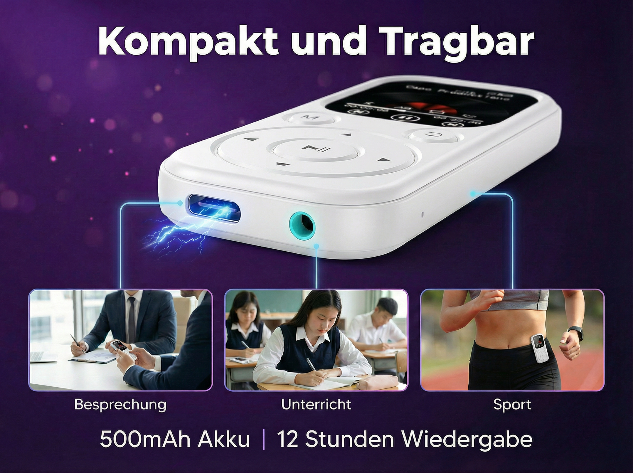 Ein weißer MP3-Player wird gezeigt, mit drei kleinen Bildern darunter: Besprechung, Unterricht und Sport.