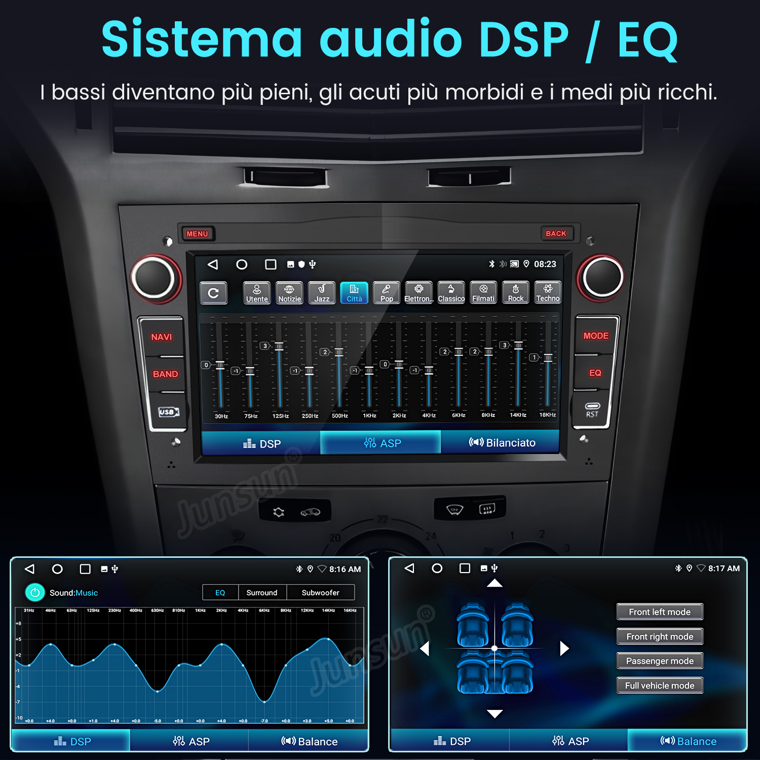 Display autoradio con impostazioni EQ e opzioni di bilanciamento audio.