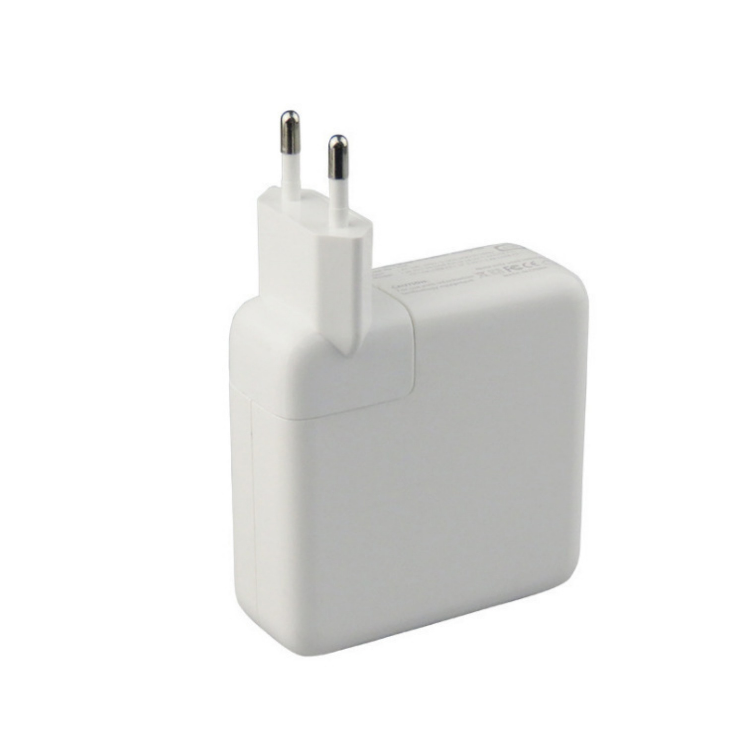 Ein weißer Reiseadapter mit zwei Metallstiften und einem Gehäuse.