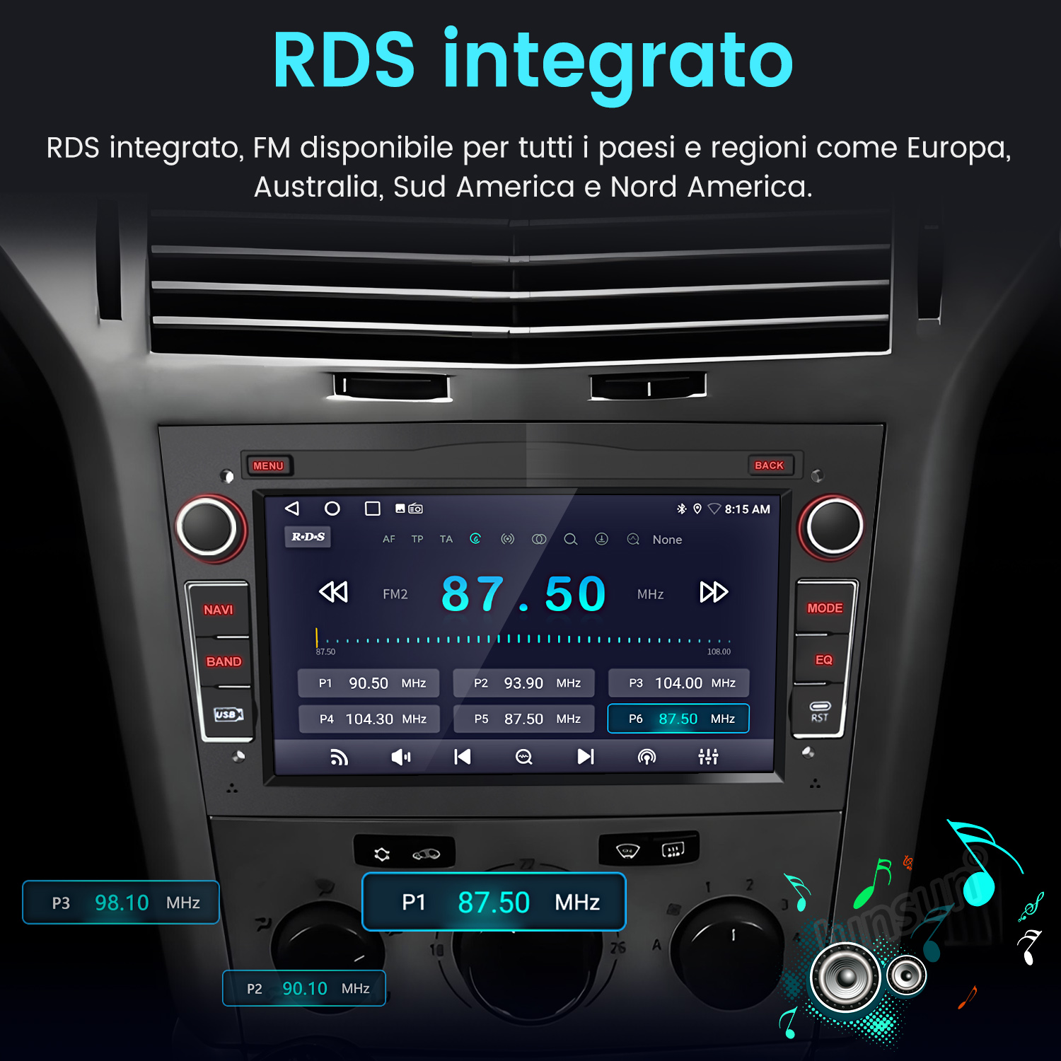 Display autoradio che mostra 87,50 MHz FM, con stazioni preimpostate.