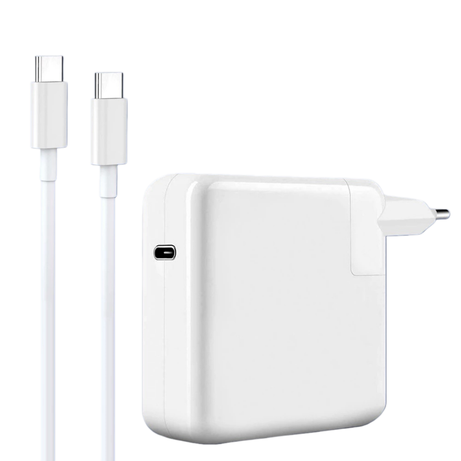 Ein weißes USB-C-Ladegerät mit zwei Kabeln.
