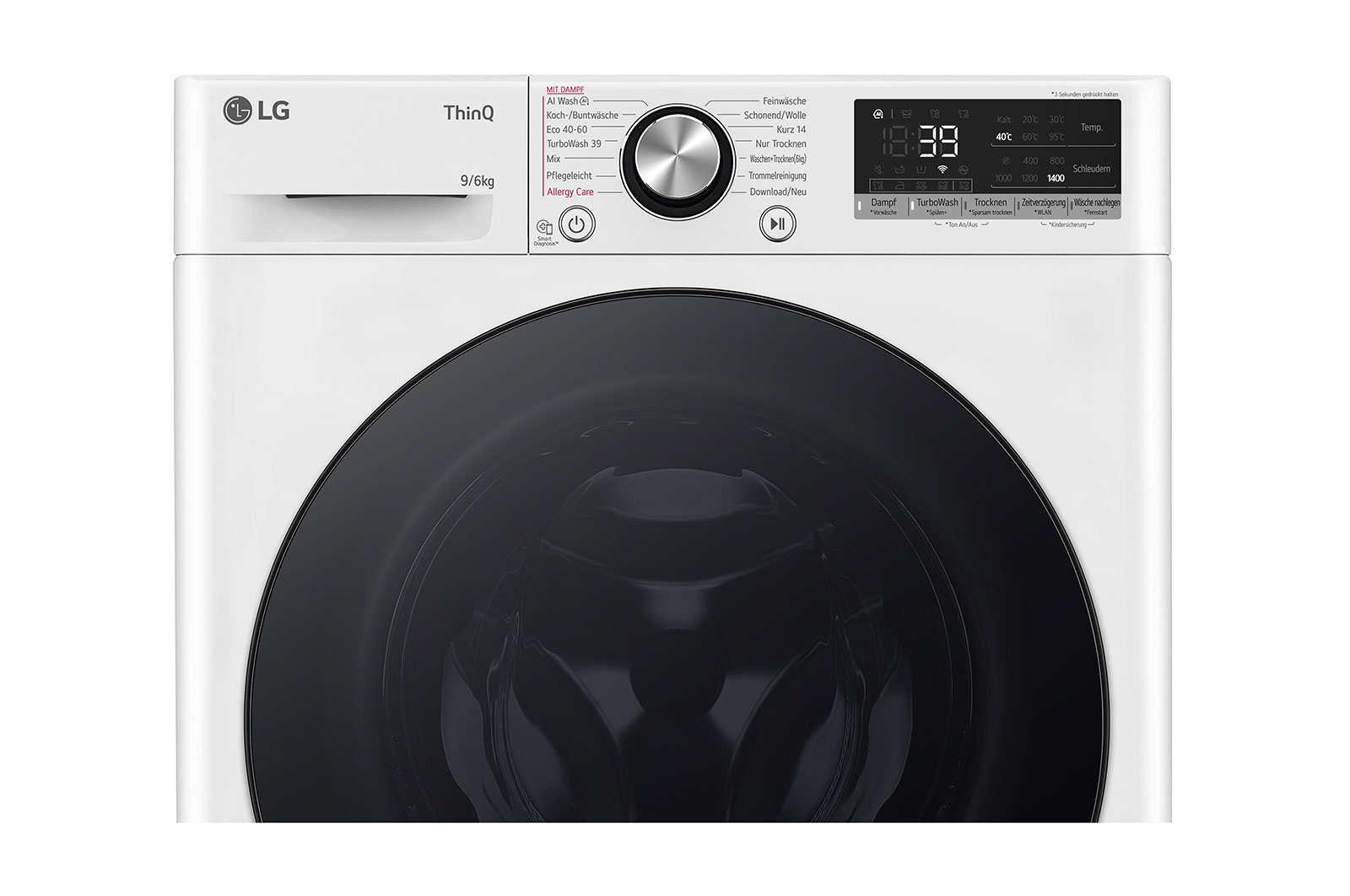 Weiße LG Waschmaschine mit Bedienfeld und Trommel. Display zeigt 39 Min.