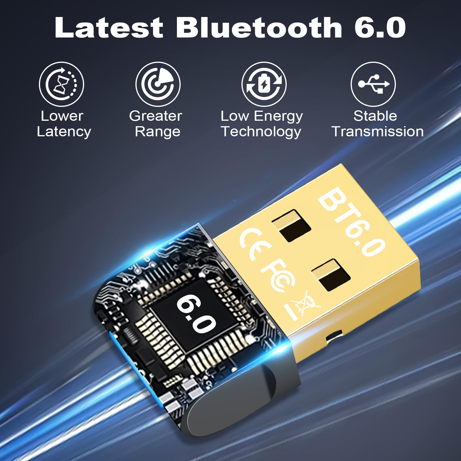 Ein goldener Bluetooth 6.0 USB-Adapter mit sichtbarer Platine und Text.