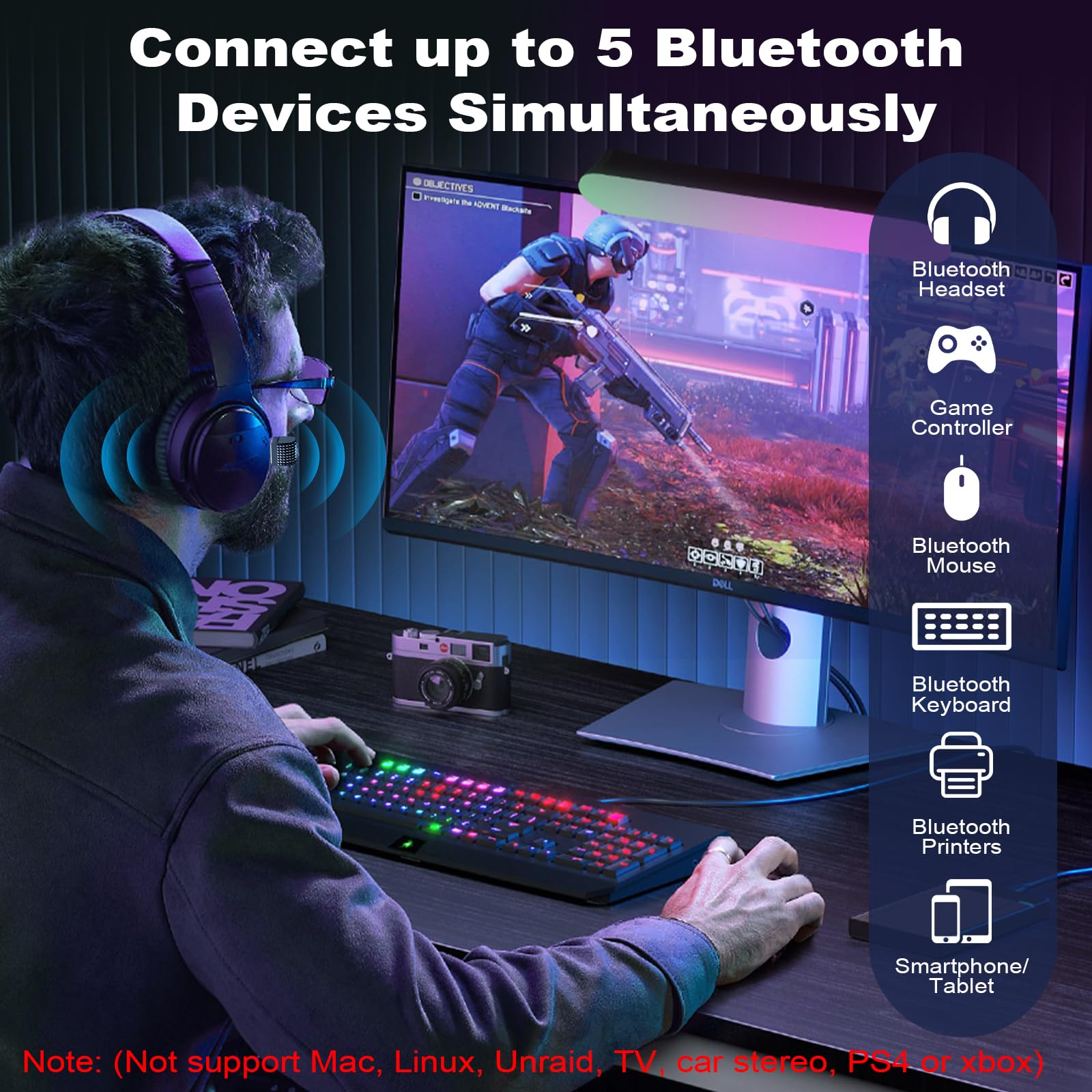 Mann mit Kopfhörern spielt Videospiel. PC-Zubehör wird aufgelistet.
