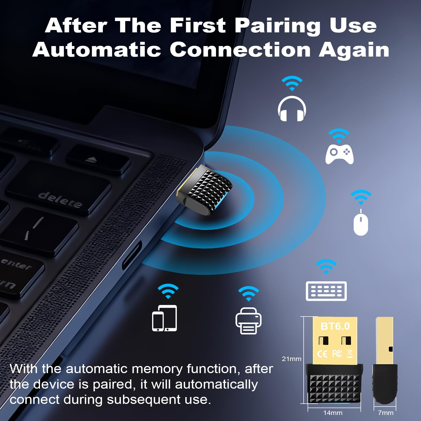Ein USB-Dongle ist in einem Laptop eingesteckt, mit Symbolen für Geräte.