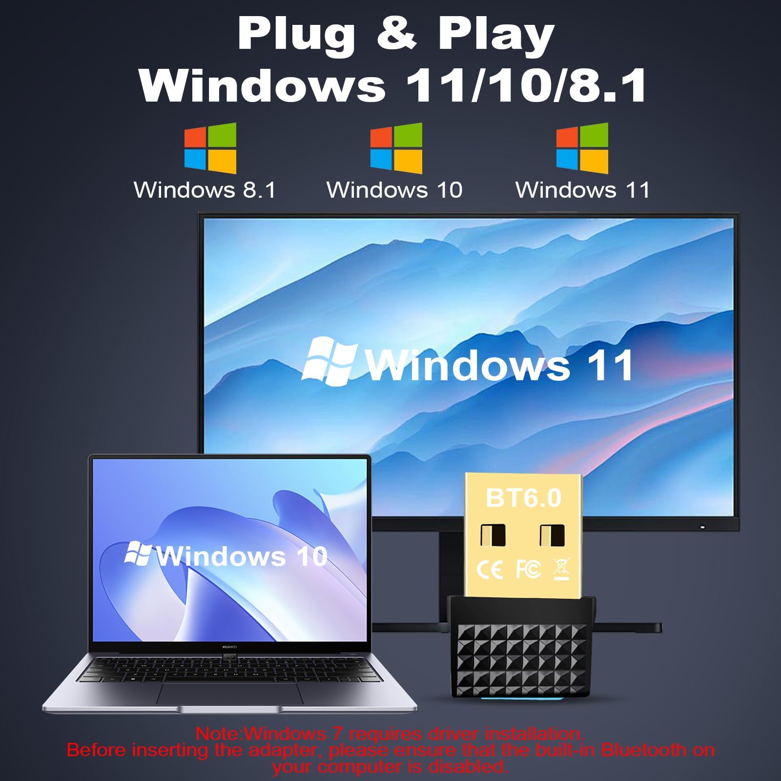 Ein Laptop und ein Monitor zeigen Windows 10 und 11. Ein BT6.0-Adapter ist abgebildet.