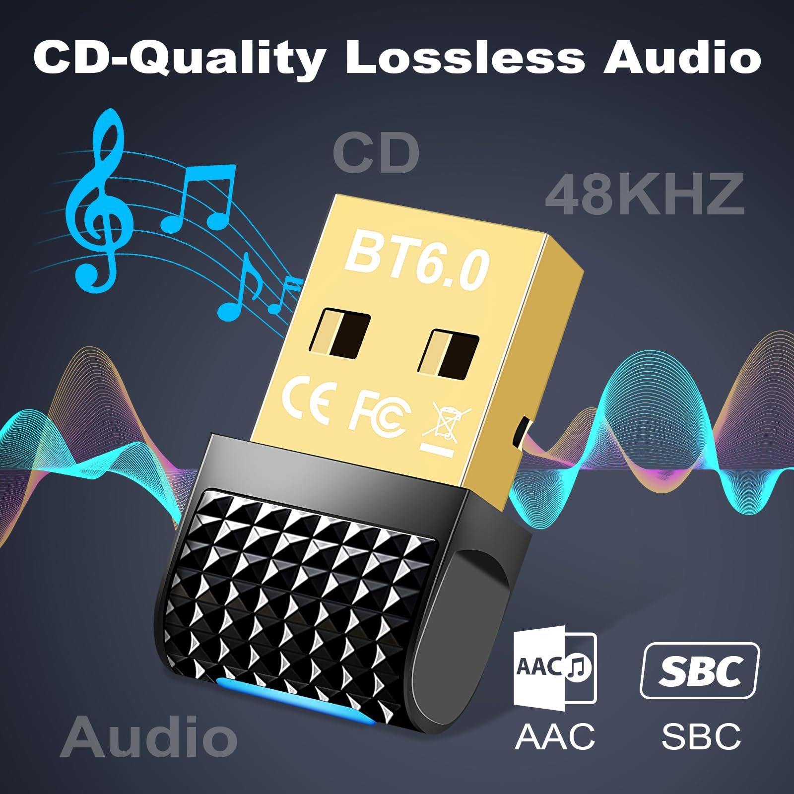 Goldener USB-Audio-Dongle mit Bluetooth 6.0, CE/FC-Siegel, Musiknoten und Wellenformen.