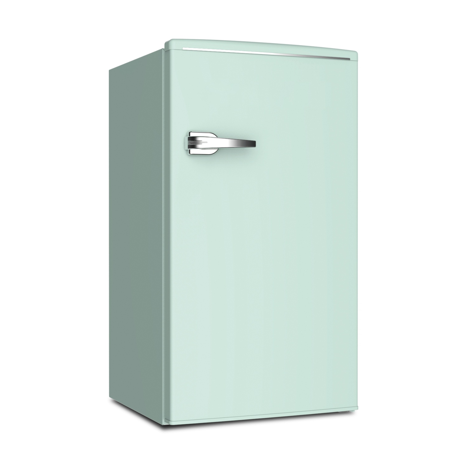 Un refrigerador verde pastel con un tirador plateado sobre fondo blanco.