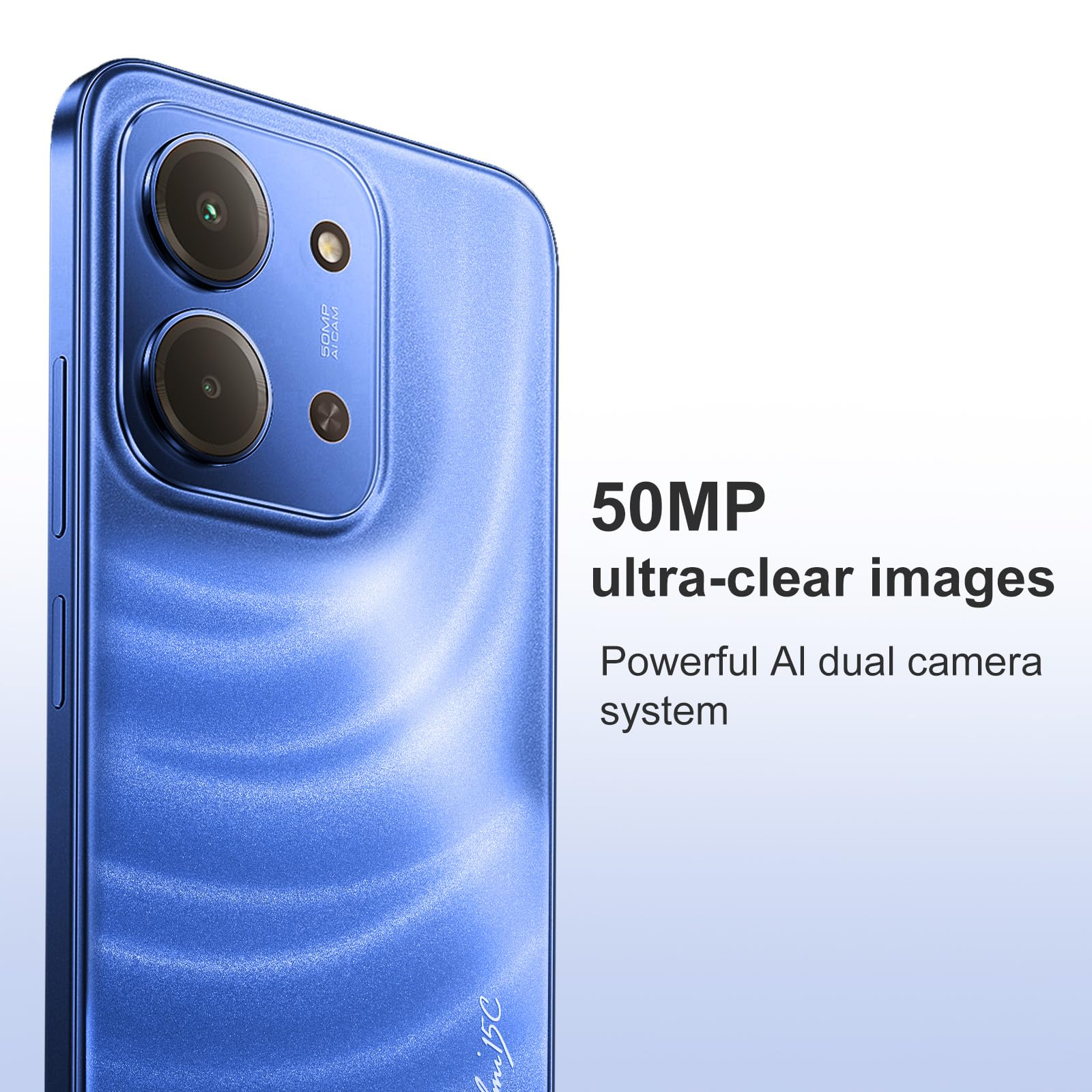 Parte trasera azul de smartphone con doble cámara y texto.