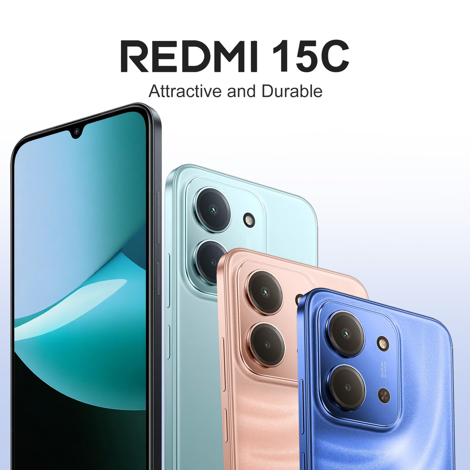 Tres smartphones Redmi 15C en azul, rosa y verde menta con cámaras.