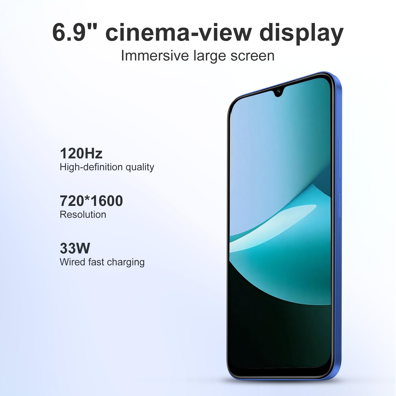 Teléfono inteligente azul con pantalla de 6.9 pulgadas, 120Hz, resolución 720x1600, carga rápida 33W.