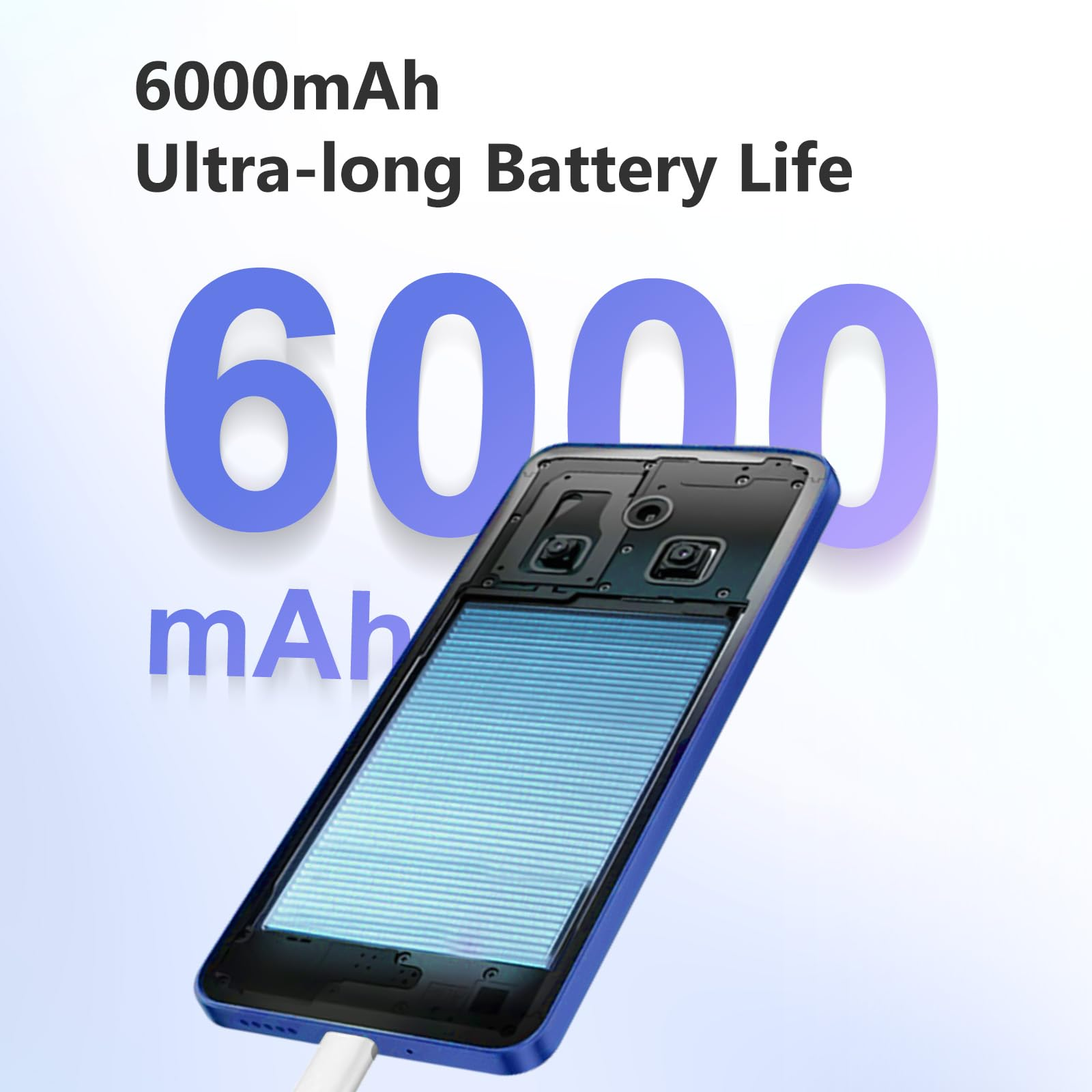 Un smartphone con batería de 6000 mAh y carcasa azul se está cargando.