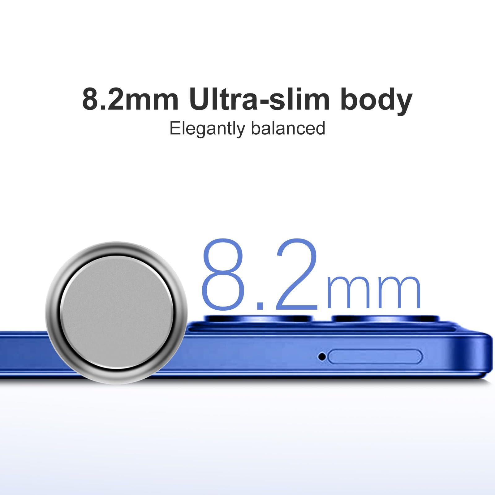 Un smartphone azul con cuerpo delgado de 8,2 mm y un detalle circular plateado.