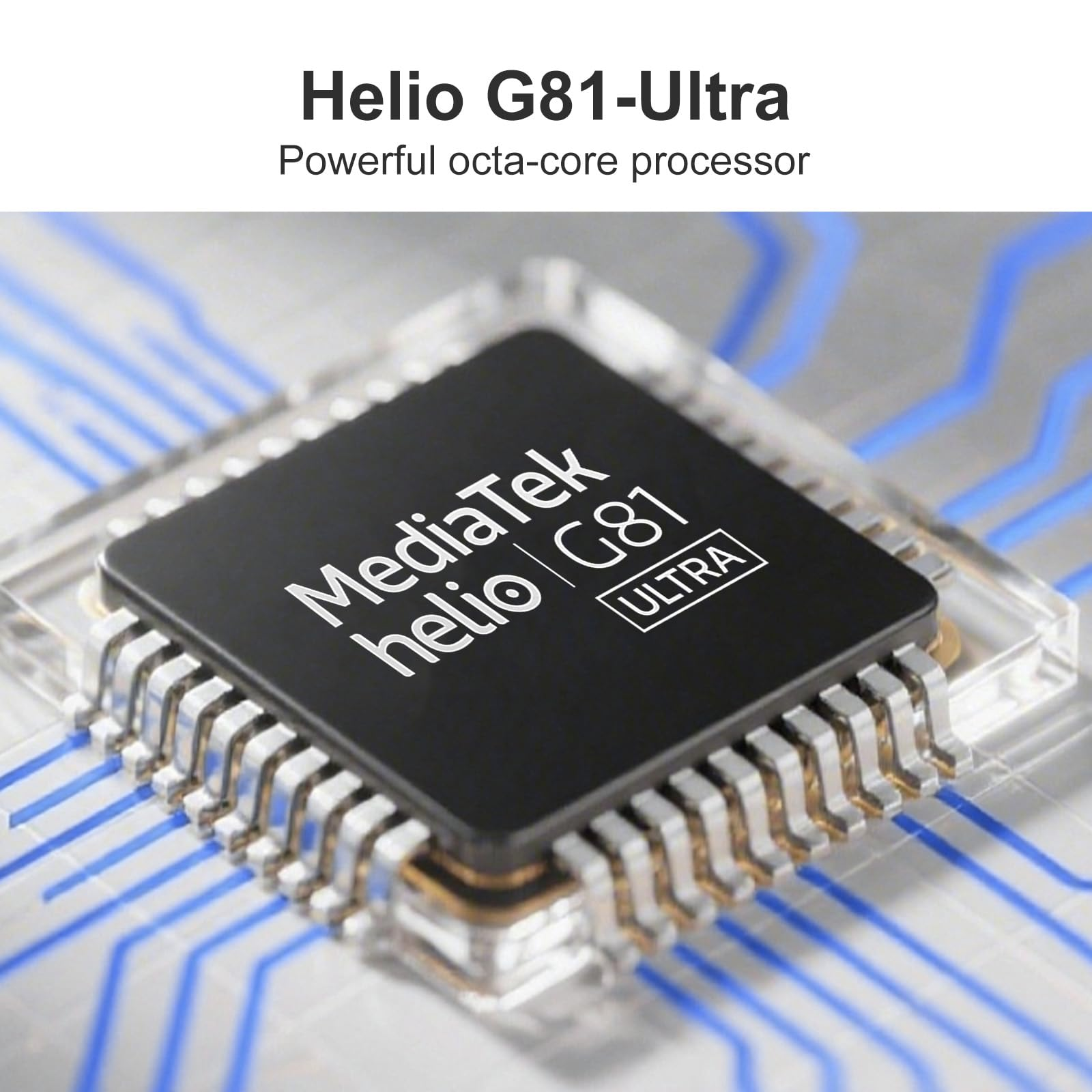 Primer plano de un procesador negro con "MediaTek Helio G81 ULTRA" sobre líneas azules.