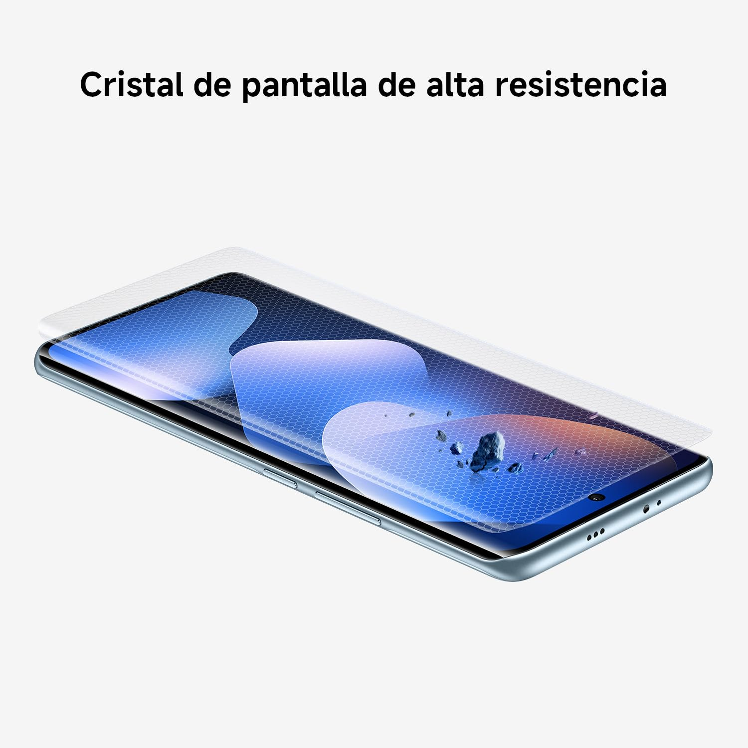 Protector de pantalla de alta resistencia en un smartphone con fondo azul.