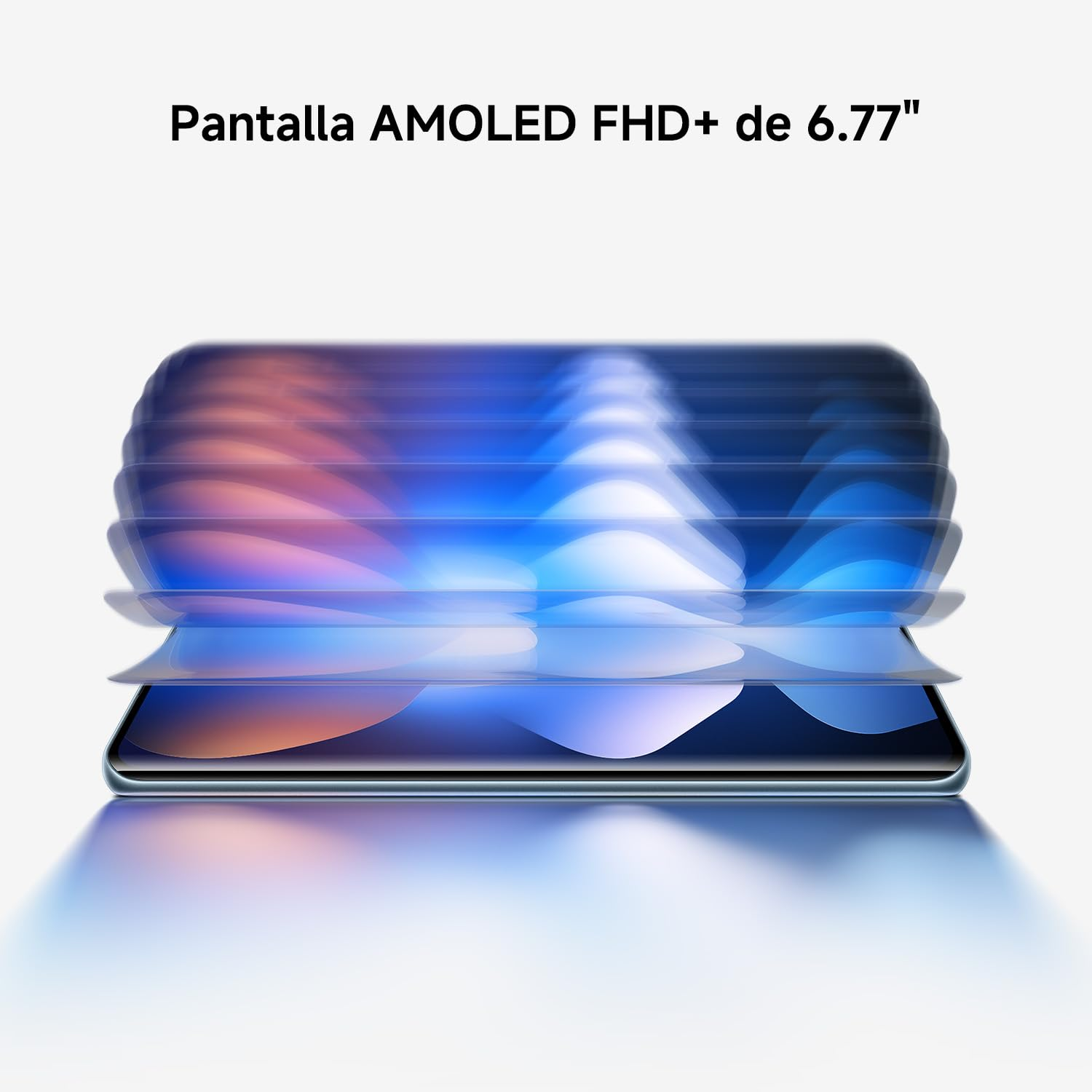 Pantalla AMOLED de 6,77 pulgadas con patrón ondulado azul y naranja.