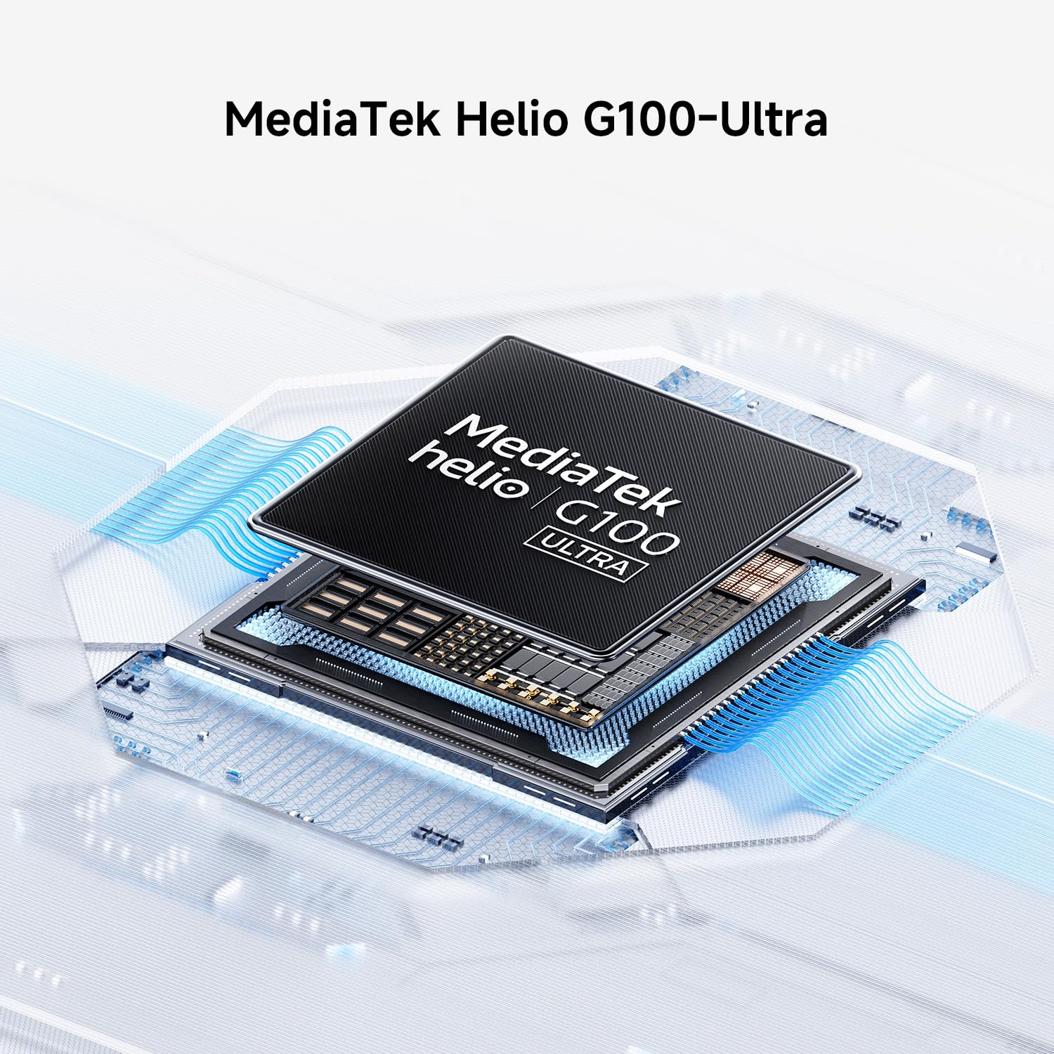 Nahaufnahme eines MediaTek Helio G100-Ultra-Chips mit blauen Leitungen.