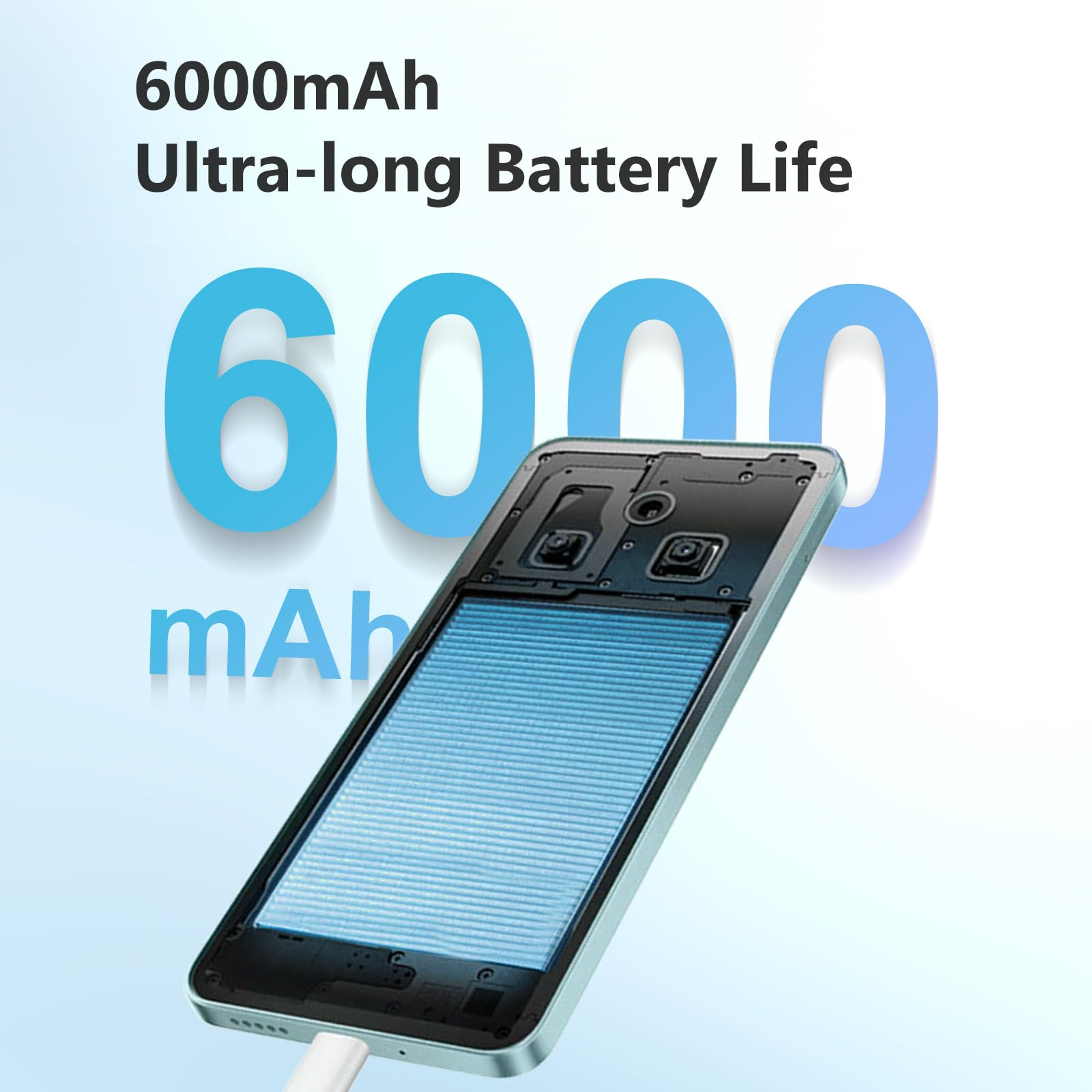 Un smartphone con la batería extraída, mostrando 6000 mAh.