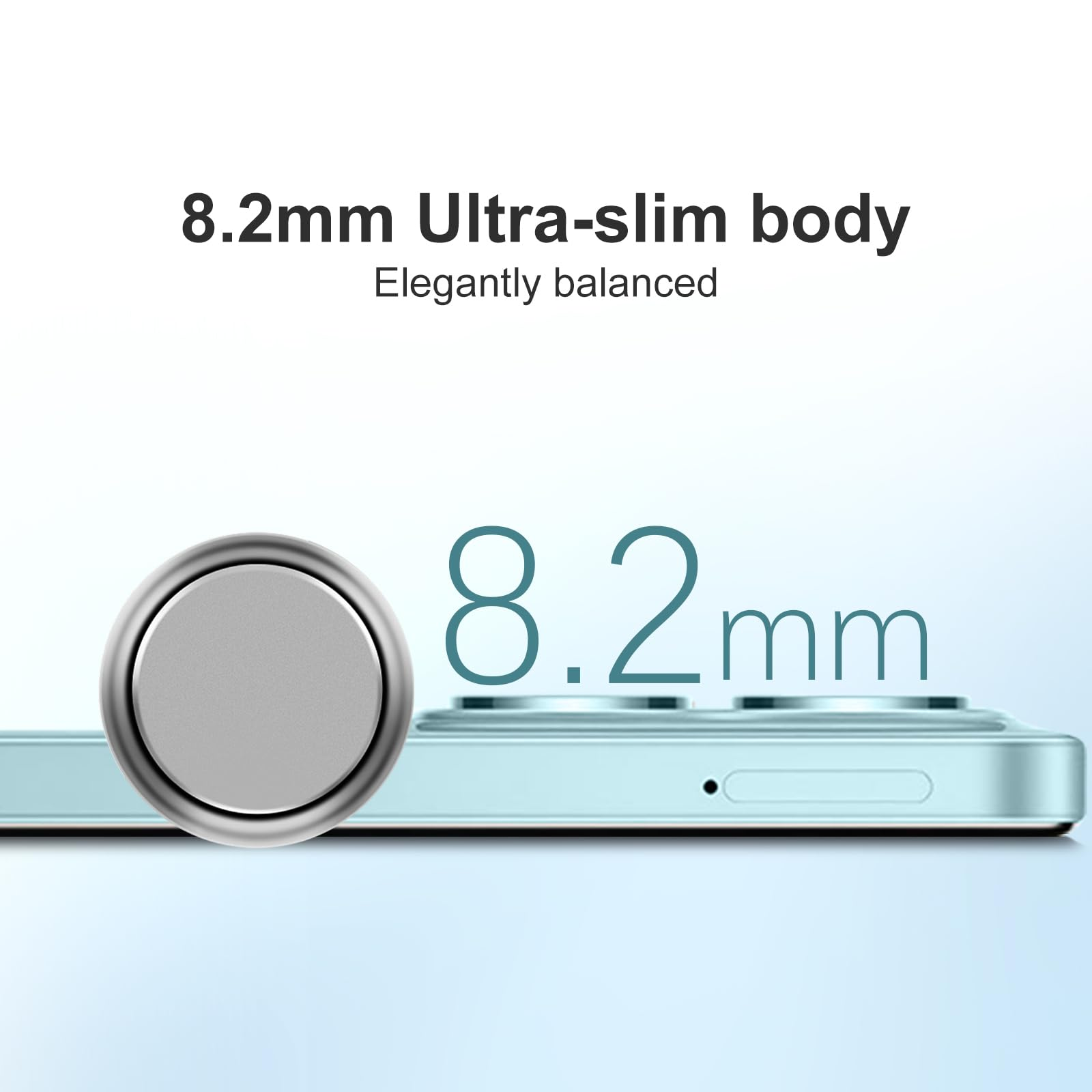 Un botón metálico redondo junto a un smartphone azul claro que muestra 8,2 mm.