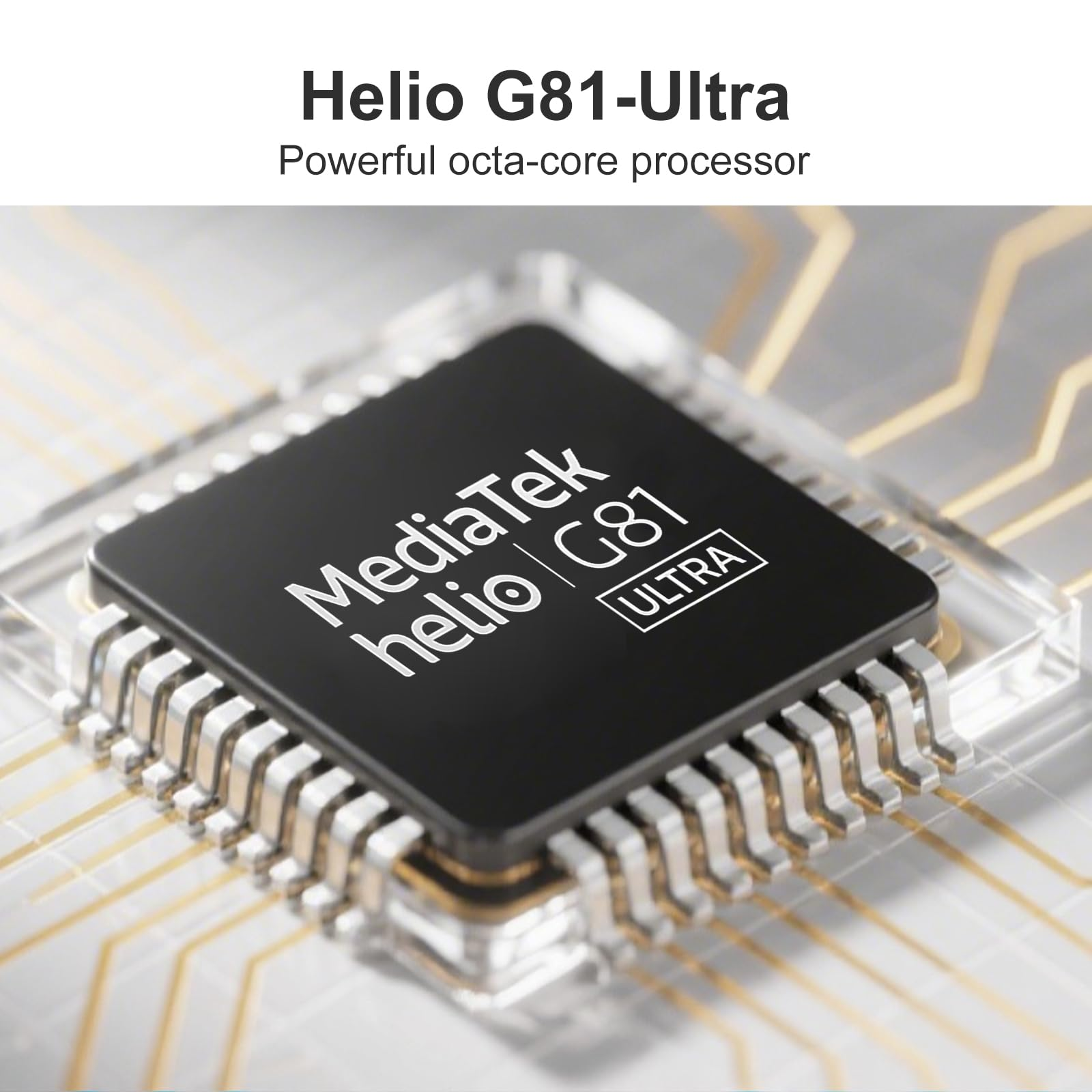 Primer plano de un procesador negro MediaTek Helio G81 con pines plateados.