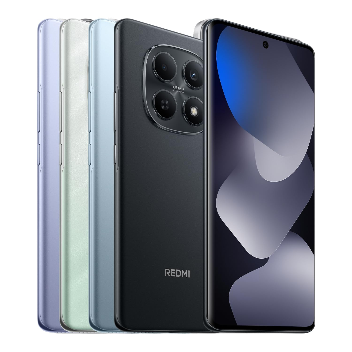 Vier Smartphones in Lila, Grün, Blau und Schwarz nebeneinander auf weißem Hintergrund.