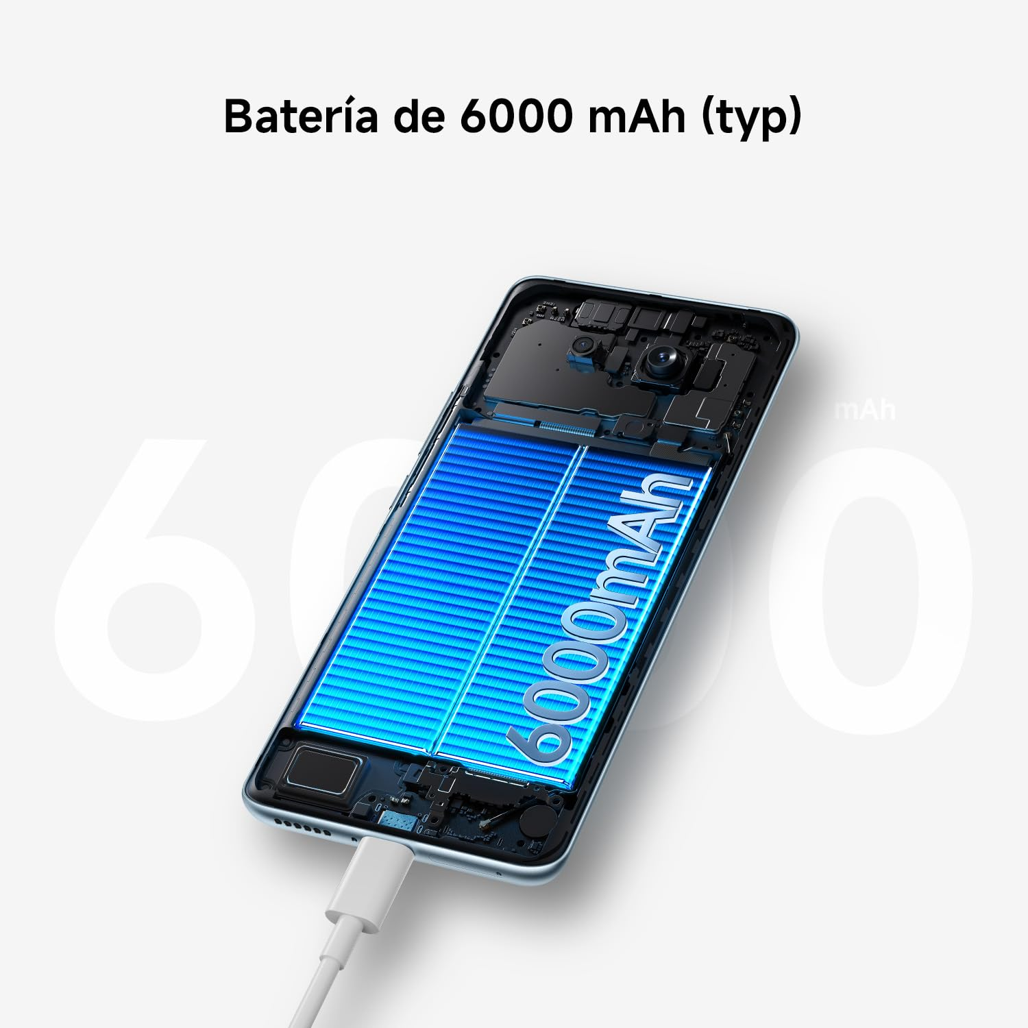 Ein Smartphone mit freigelegtem 6000 mAh Akku und USB-C-Ladekabel.