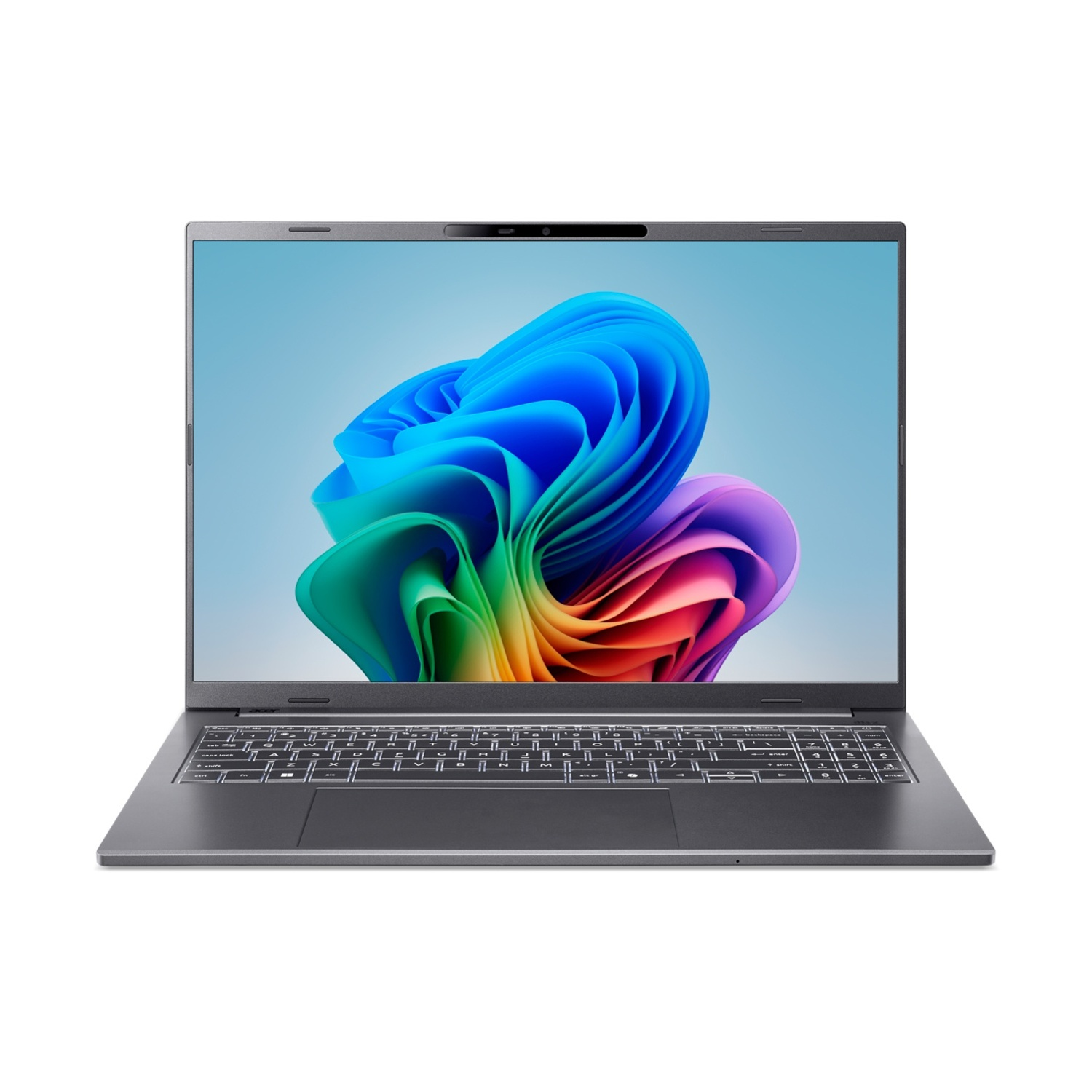 Un laptop grigio con uno sfondo astratto colorato sullo schermo.