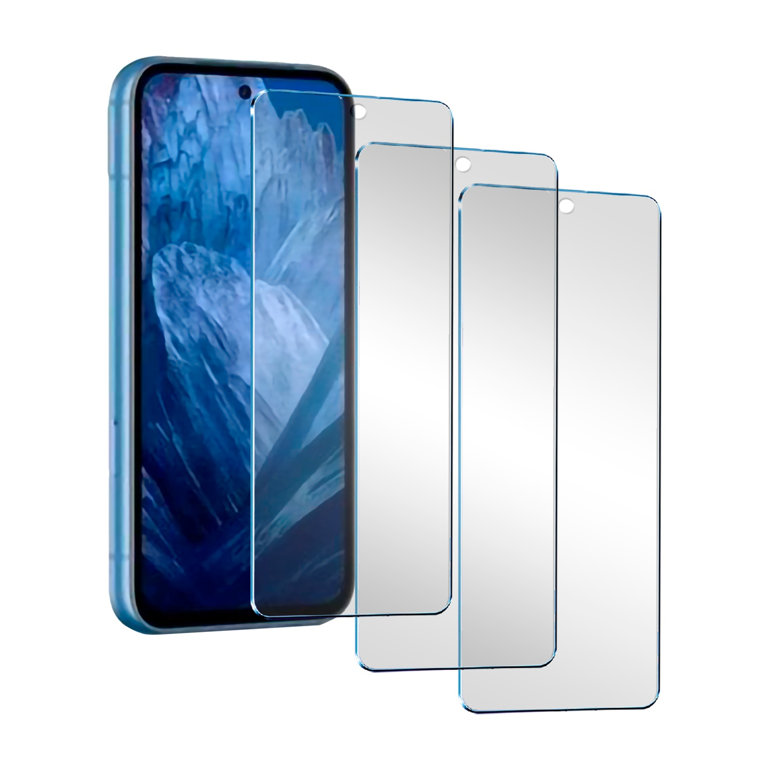Uno smartphone blu con tre protezioni schermo davanti.