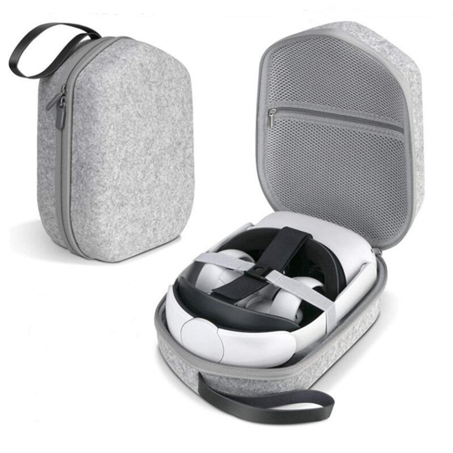 Graue Filztasche für VR-Headset, offen mit Headset darin.