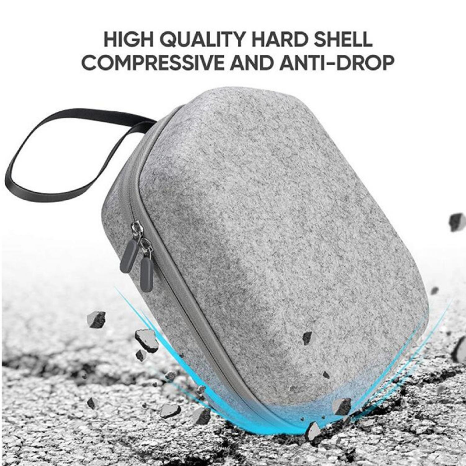 Eine graue Stofftasche mit Griff und Reißverschlüssen fällt auf eine strukturierte Oberfläche.