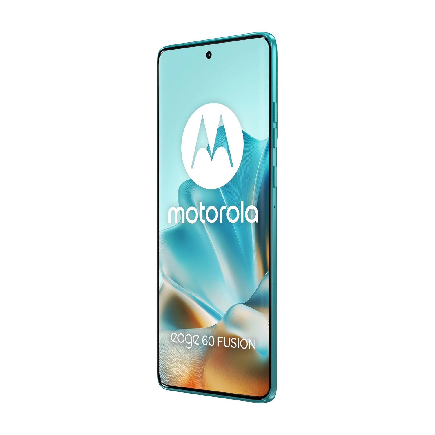 Uno smartphone Motorola Edge 60 Fusion color turchese con logo Motorola sullo schermo.