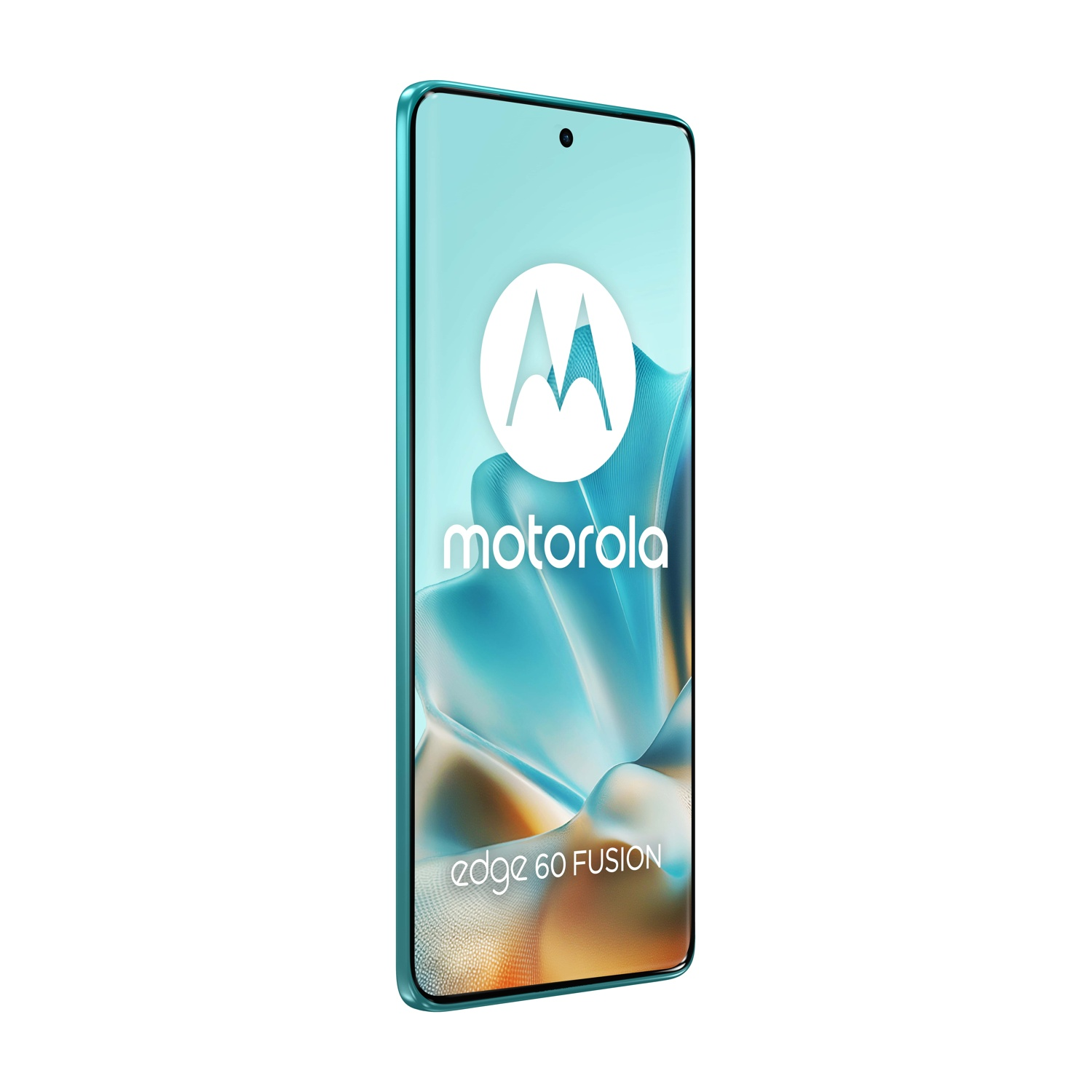 Uno smartphone Motorola Edge 60 Fusion turchese con il suo logo sullo schermo.