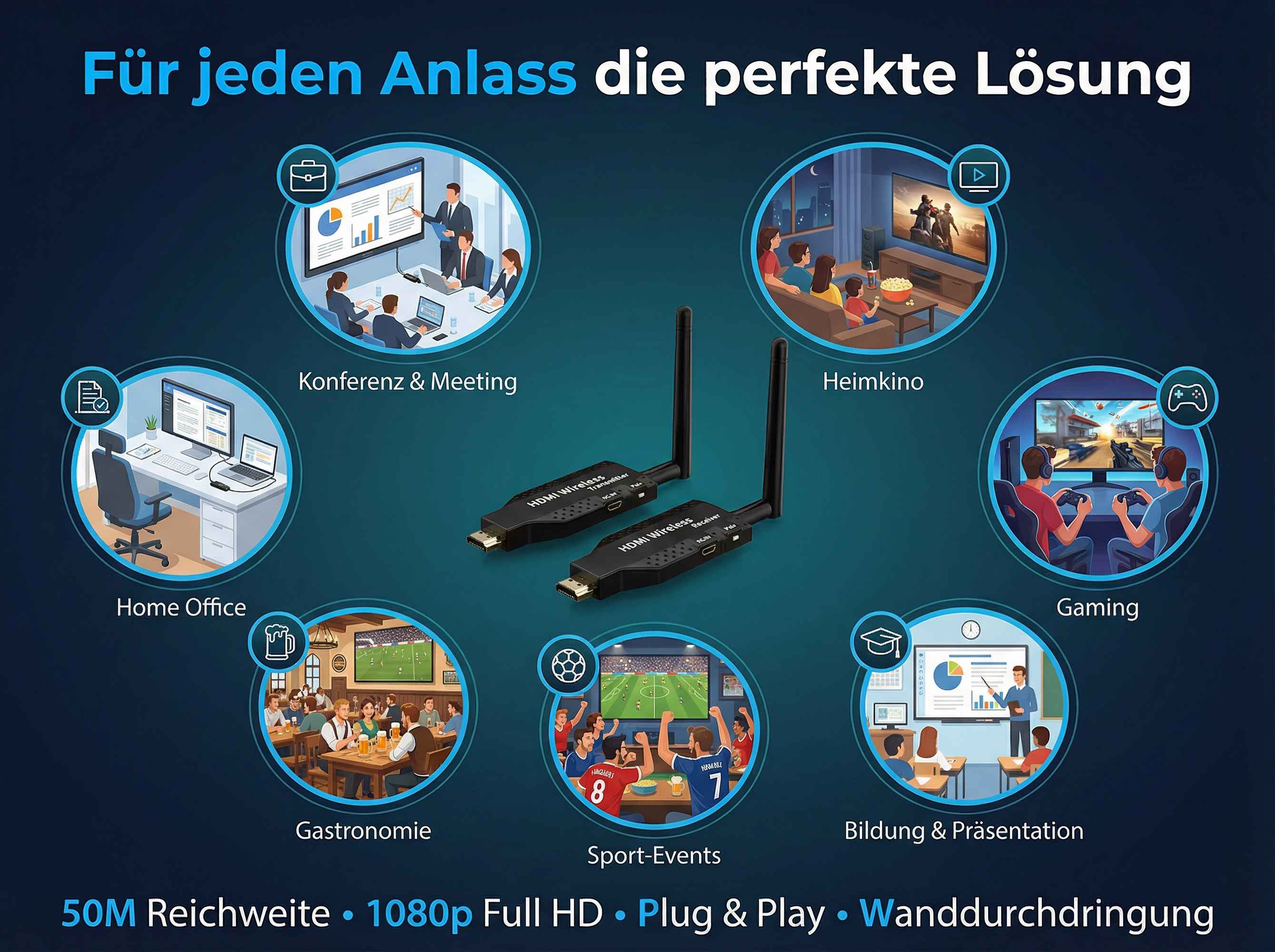 Illustration zeigt Anwendungsfälle für HDMI-Dongles: Büro, Kino, Gaming, Gastronomie, Bildung.