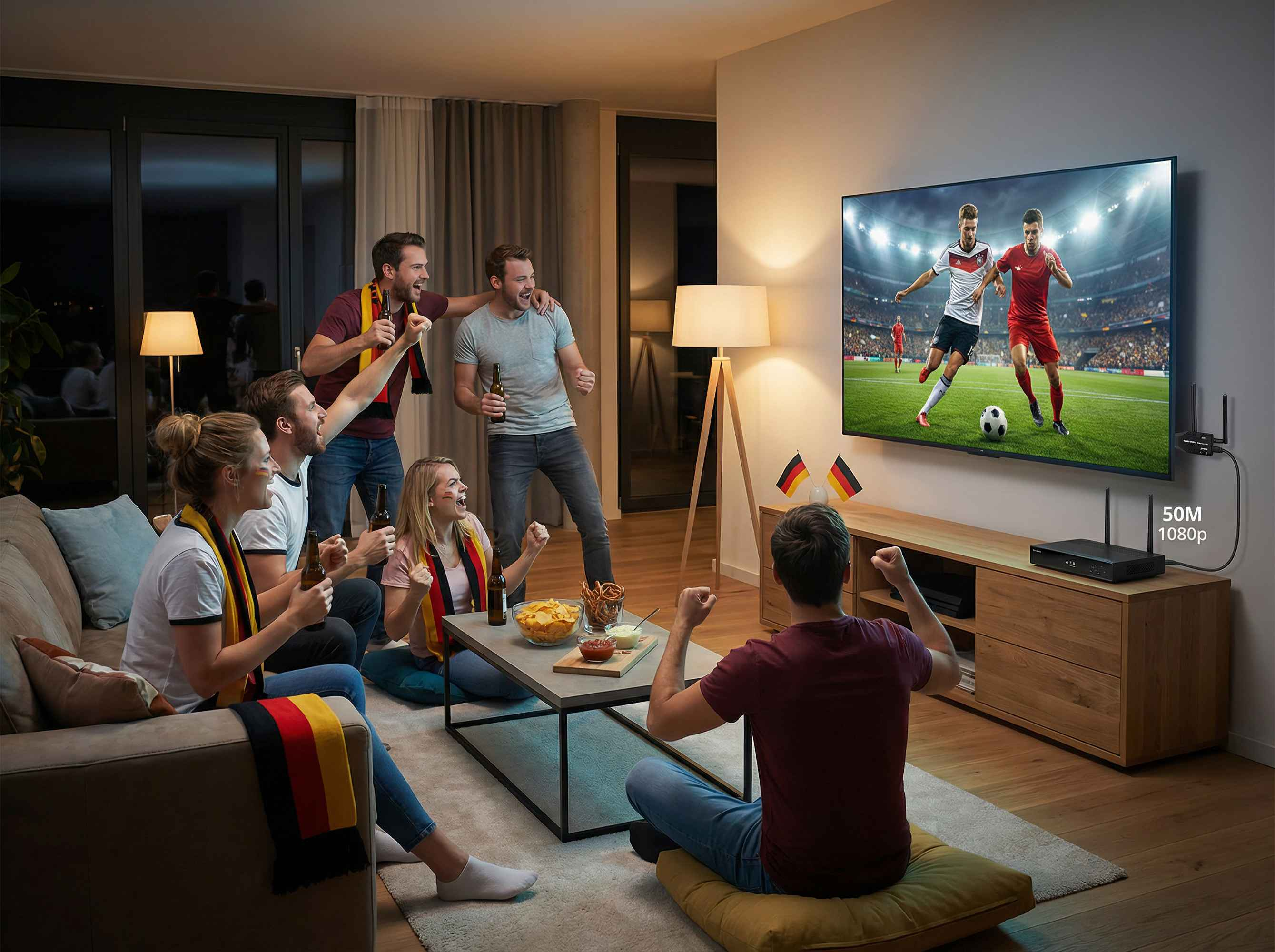 Eine Gruppe von Freunden feiert ein Fuballspiel zu Hause, mit Bier und Snacks.