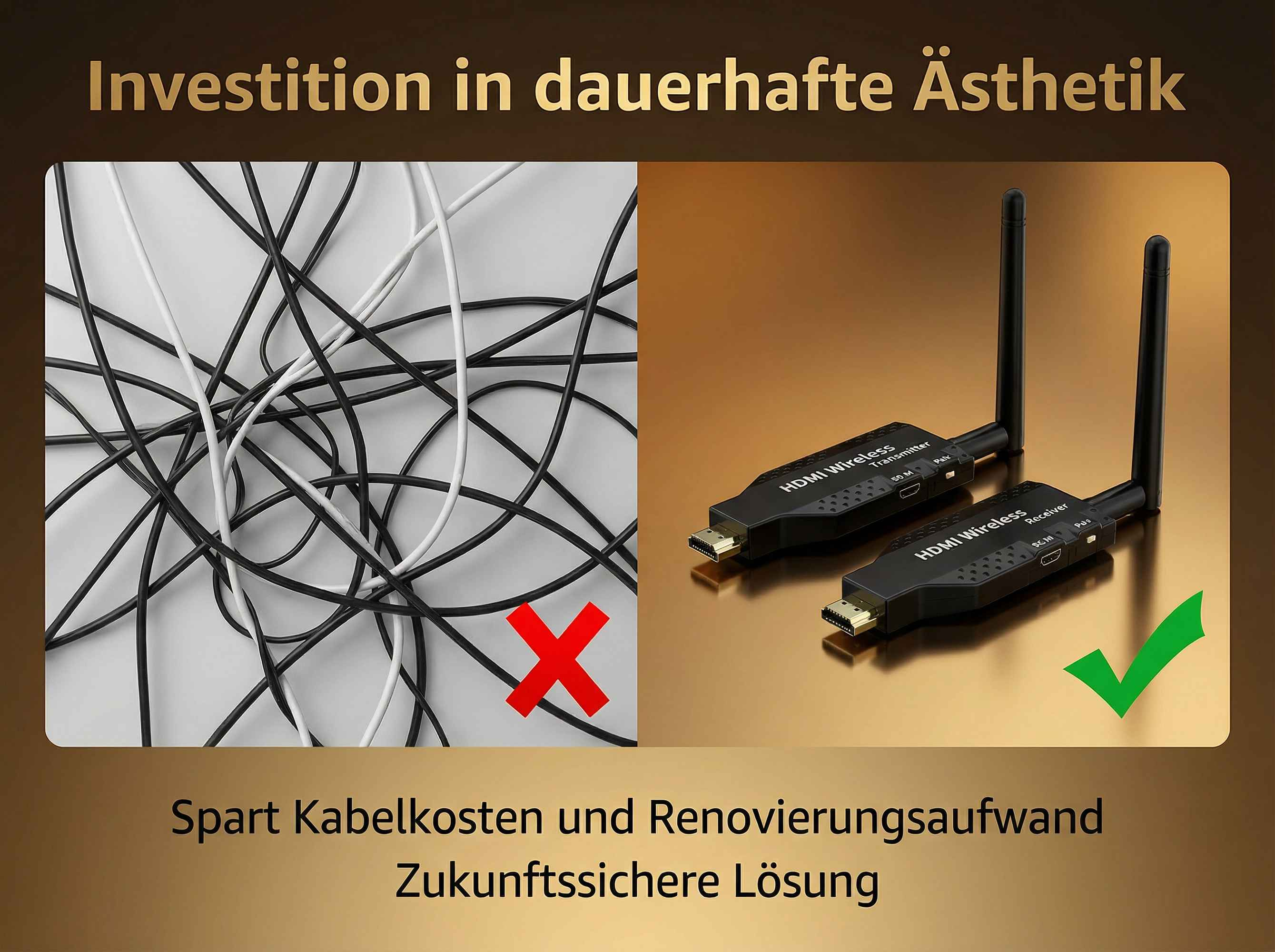 Verwirrte Kabel und zwei HDMI-Sender/Empfänger mit Antennen.
