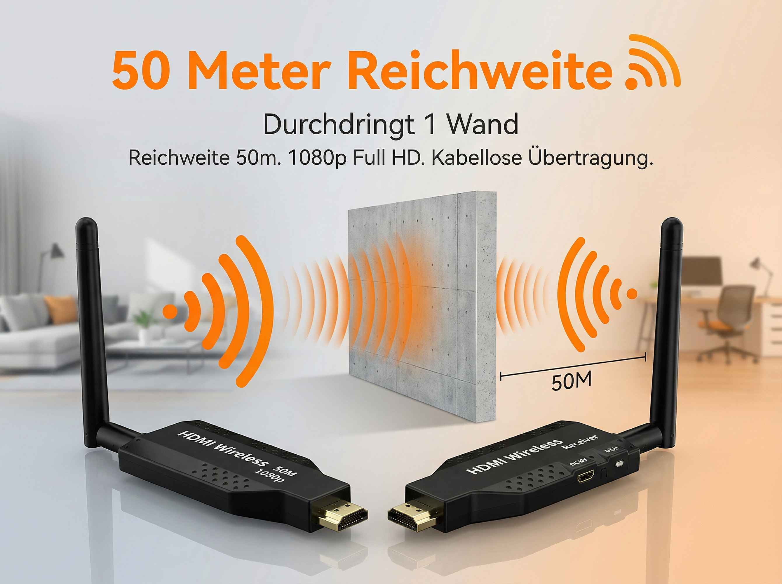 Zwei HDMI Wireless-Adapter senden Signale über eine Wand. 50m Reichweite.