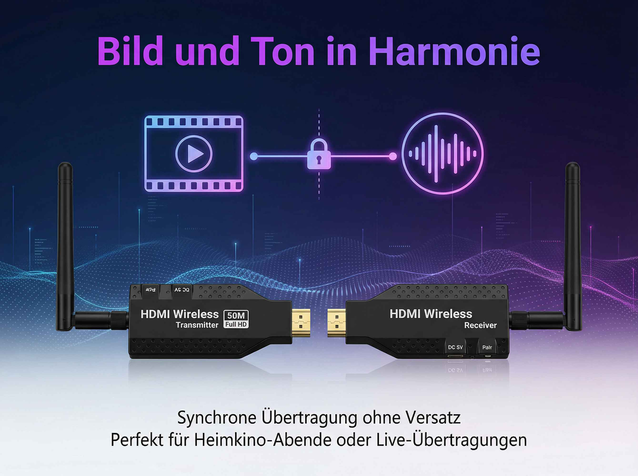 Drahtloser HDMI Sender und Empfänger mit Antennen. Bild und Ton in Harmonie.