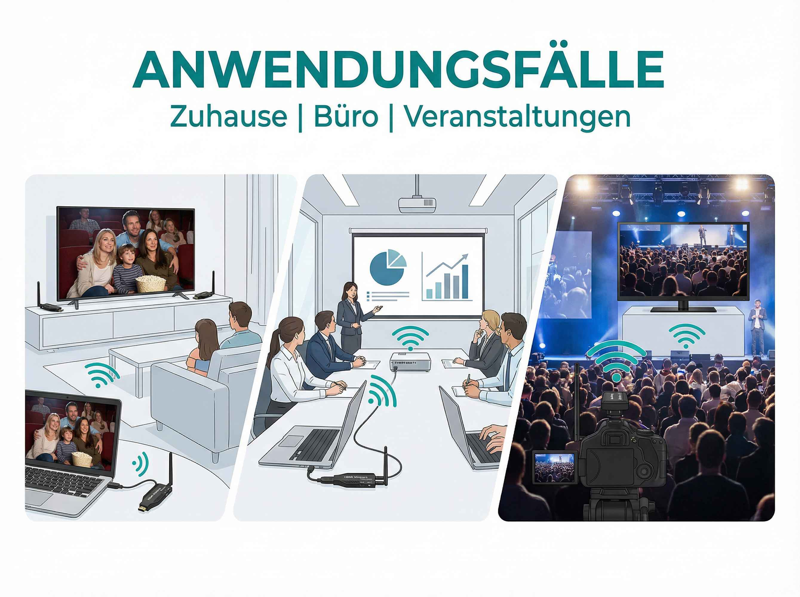 Anwendungsfälle: Zuhause, Büro, Veranstaltungen. Bild zeigt drei Szenarien mit drahtloser Übertragung.