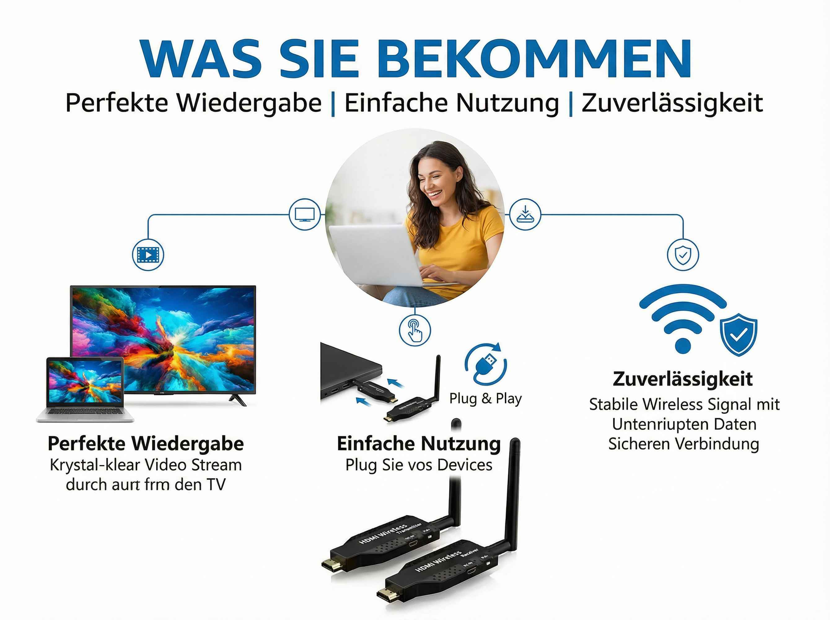 Eine Frau lächelt, während sie einen Laptop benutzt. Daneben sind ein Laptop und ein Fernseher.