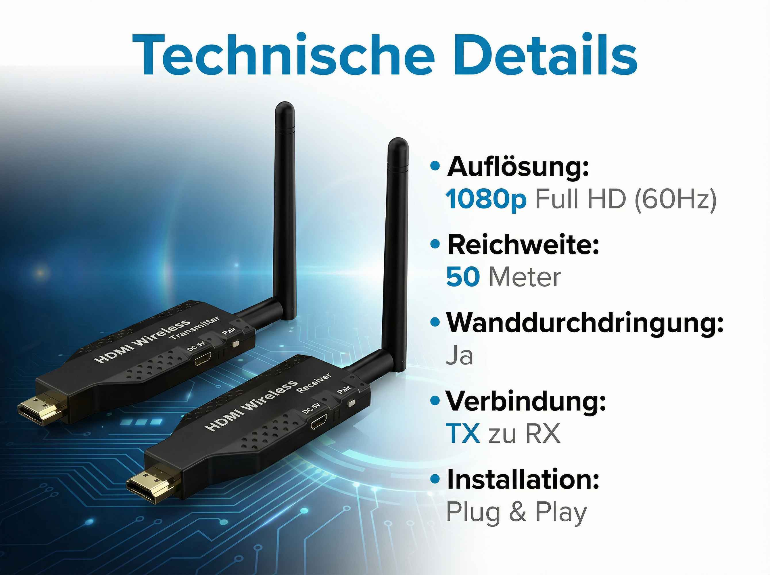 Technische Details: 1080p Full HD, 50m Reichweite, Wanddurchdringung Ja, TX zu RX