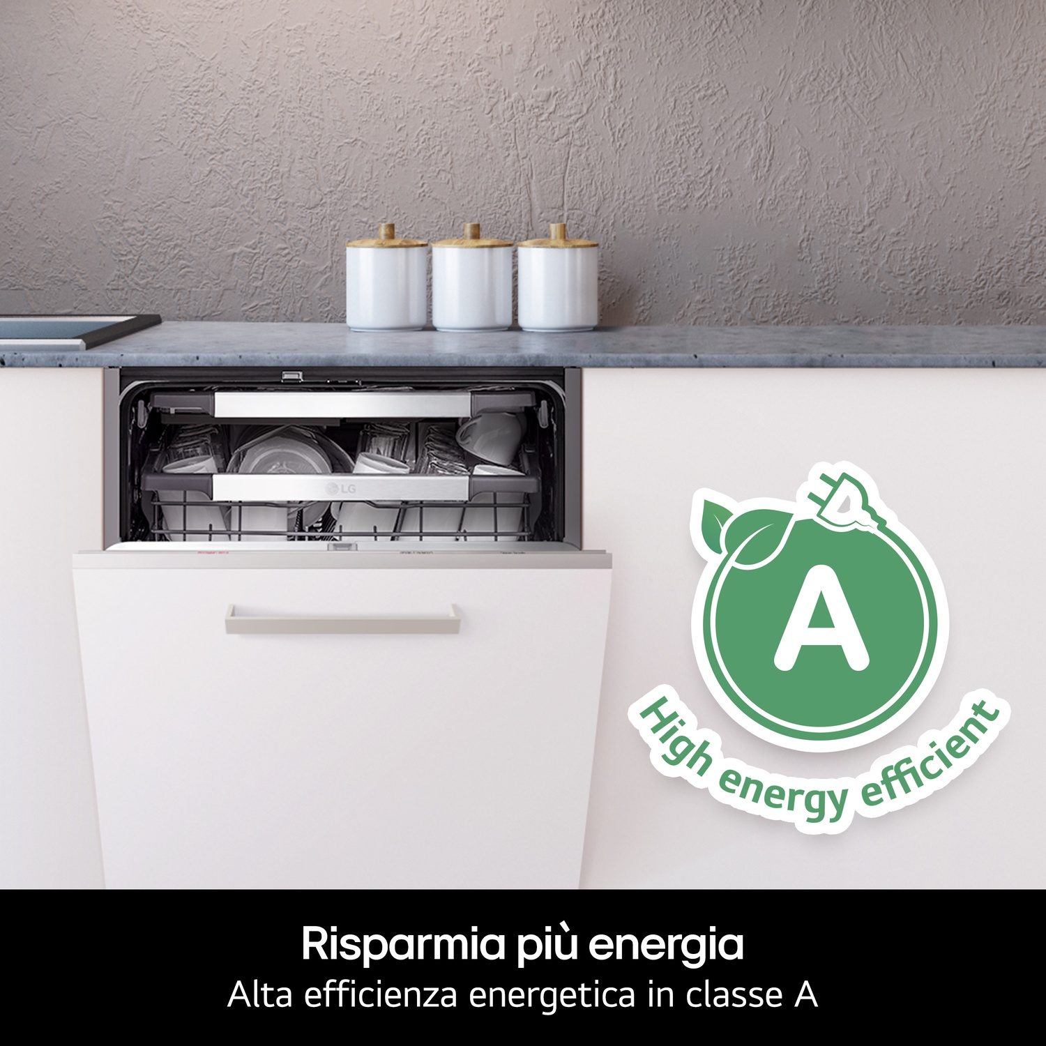 Una lavastoviglie LG con classe di efficienza energetica A.