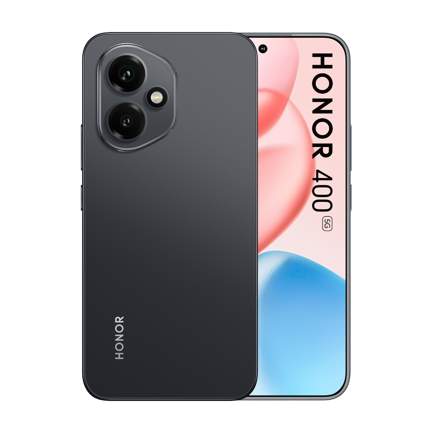 Smartphone Honor 400 5G gris oscuro con triple cámara y logo Honor.