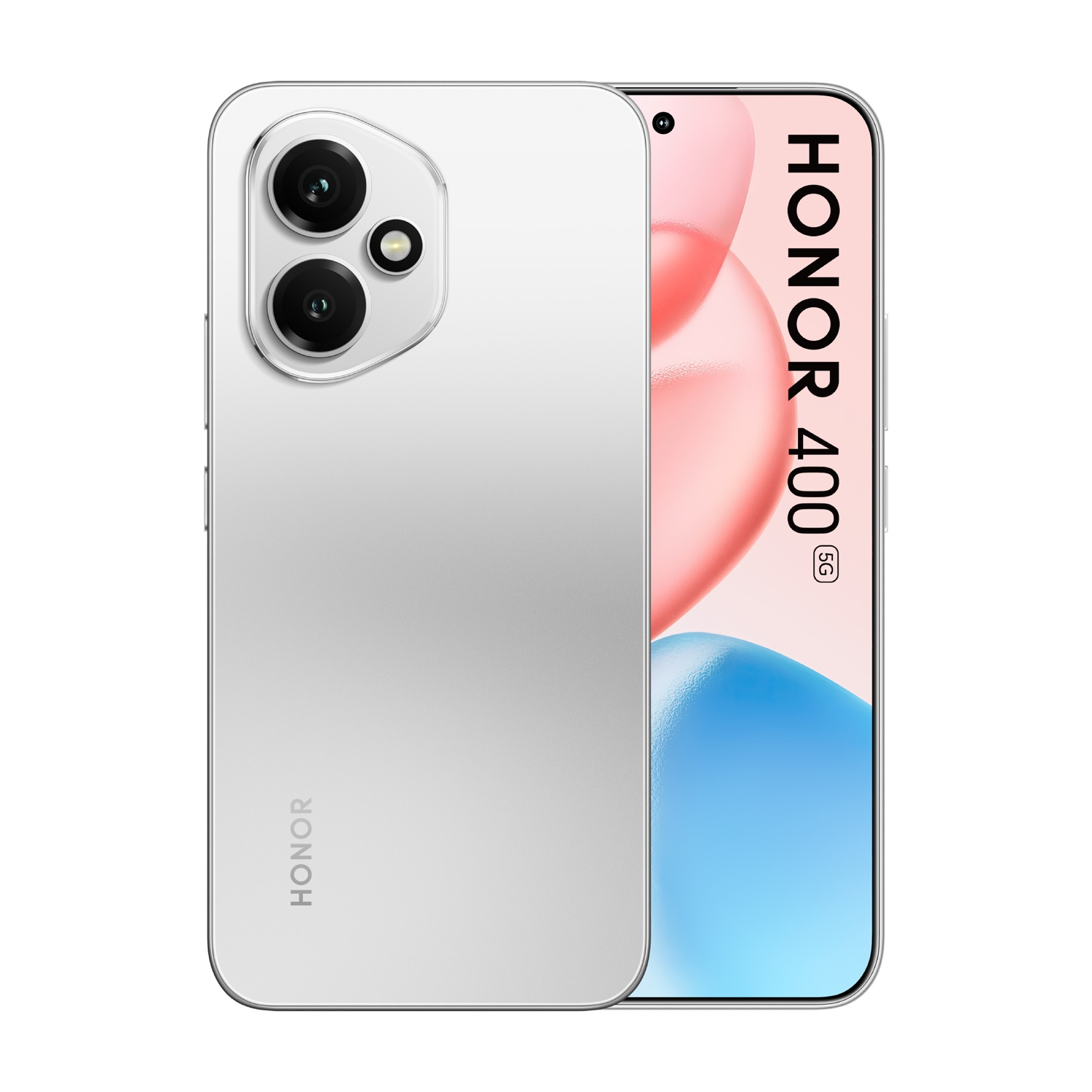 Un smartphone Honor 400 5G blanco con tres cámaras en la parte trasera.