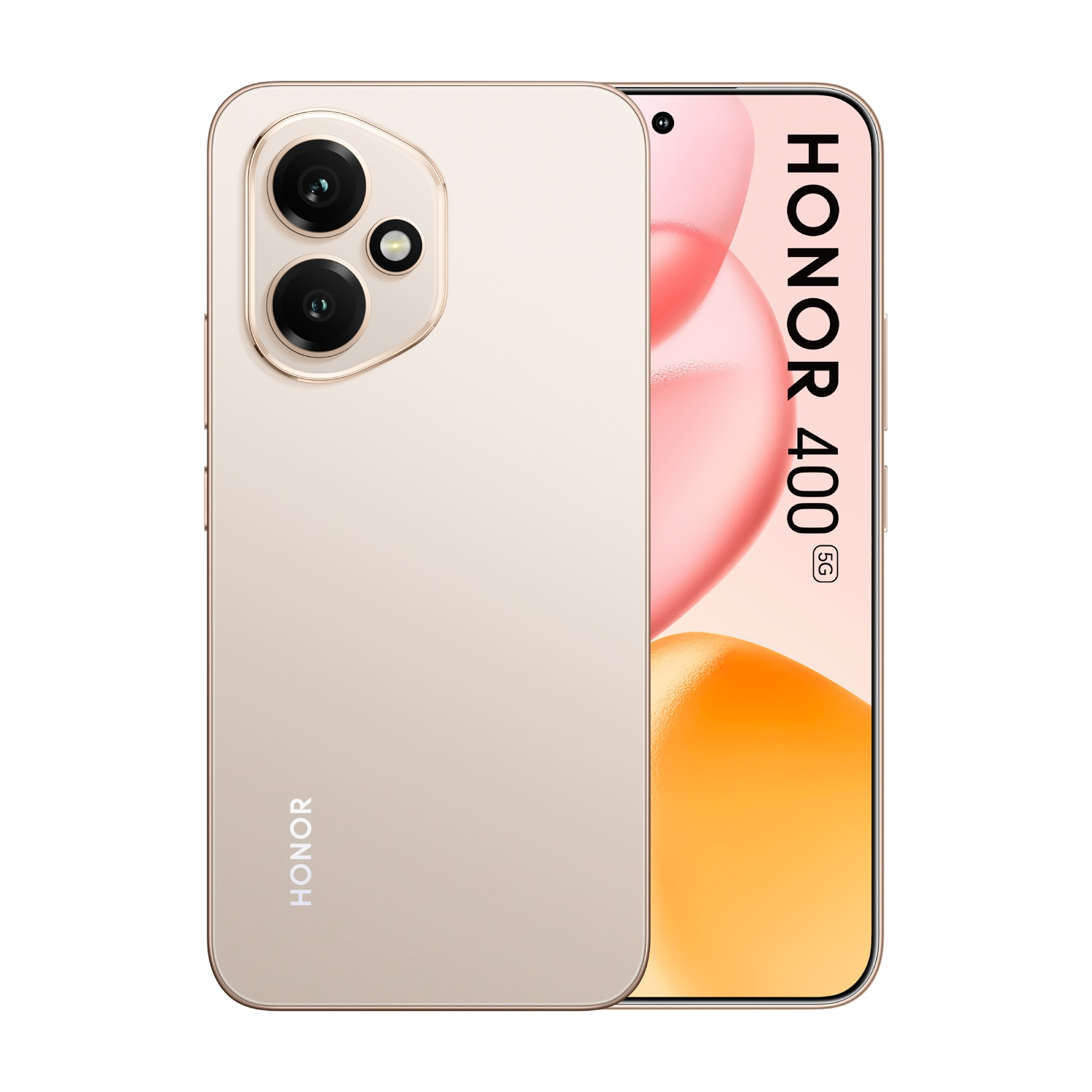 Un smartphone Honor 400 5G dorado claro, parte trasera con dos cámaras, frontal con fondo colorido.