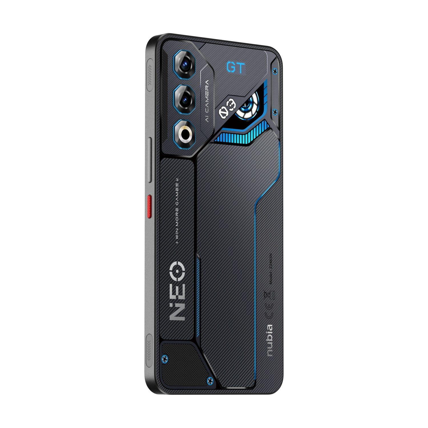 Uno smartphone nero con accenti blu e tre fotocamere.