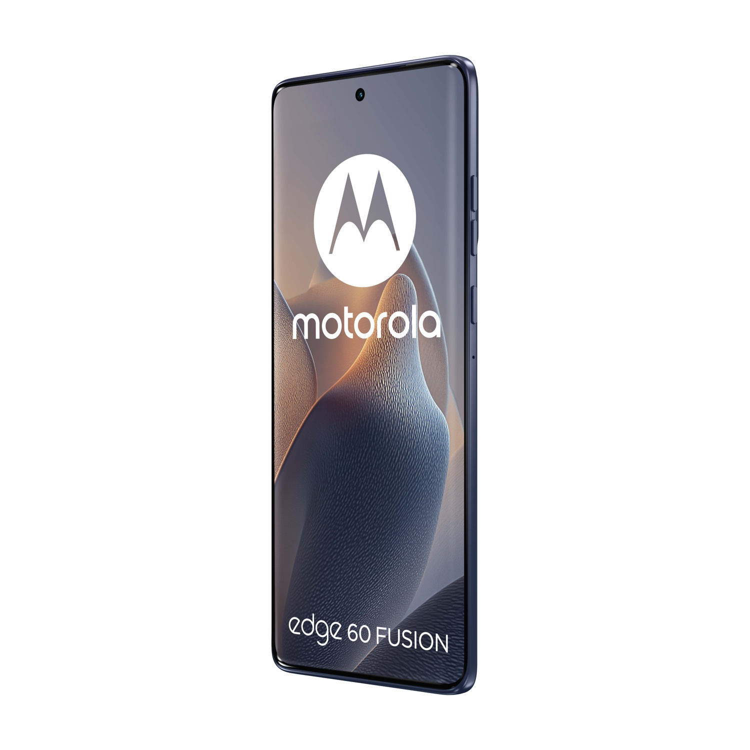 Smartphone Motorola Edge 60 Fusion blu scuro con motivo sullo schermo.
