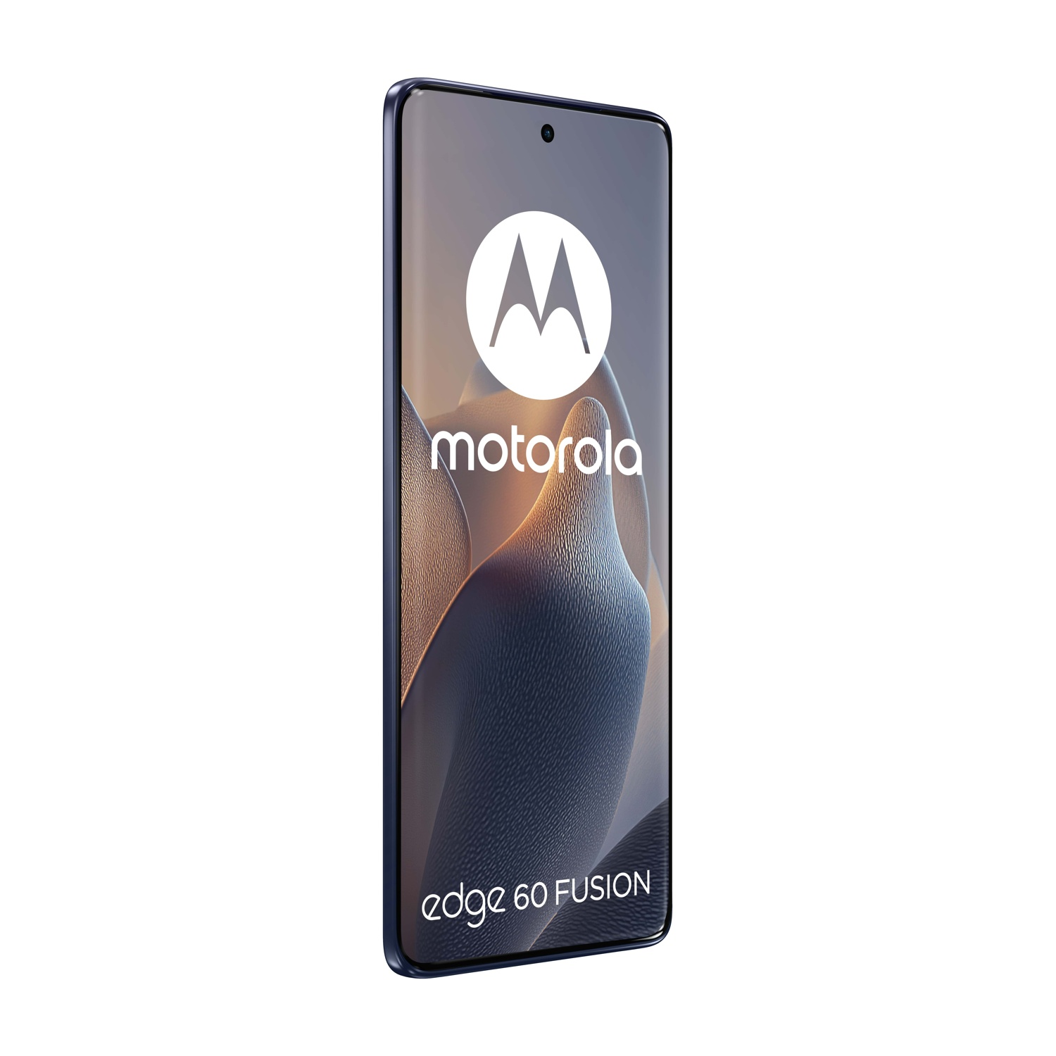 Uno smartphone Motorola Edge 60 Fusion blu scuro con logo e testo.