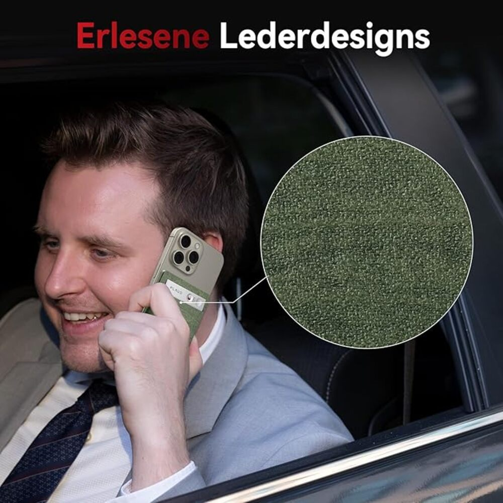 Mężczyzna w samochodzie z telefonem, zbliżenie zielonej teksturowanej obudowy.