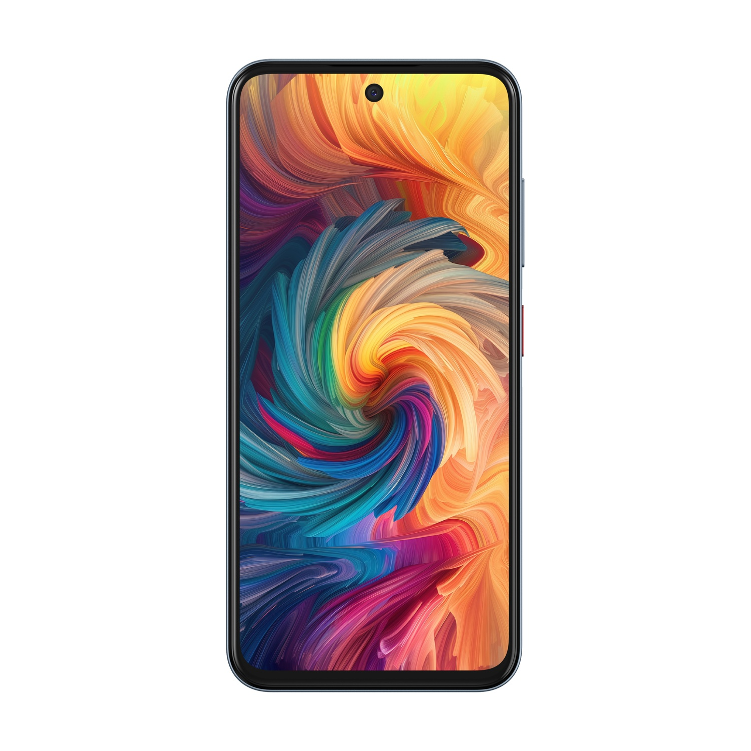 Smartfon wyświetlający kolorową, abstrakcyjną tapetę. Czarna ramka.