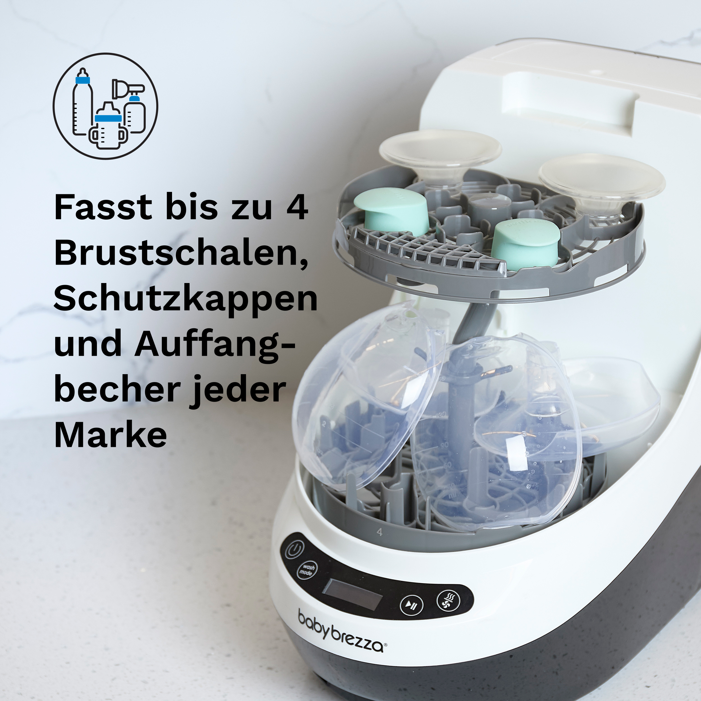 Ein Baby Brezza Gerät mit Halterungen für bis zu 4 Teile. Icons zeigen Flaschen und Pumpe.